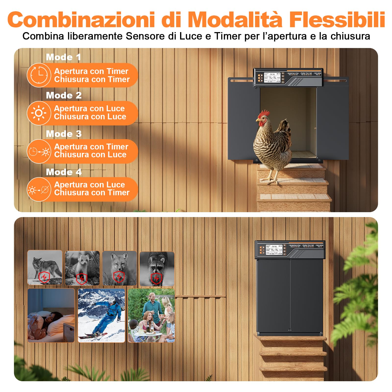 Porta Automatica per Pollaio Grandi Dimensioni, 4 Modalità | Porta Pollaio Automatica Alluminio con Pannello solare da 7 W, con timer e sensore di luce, Ampio display LCD, con telecomando (Nero)