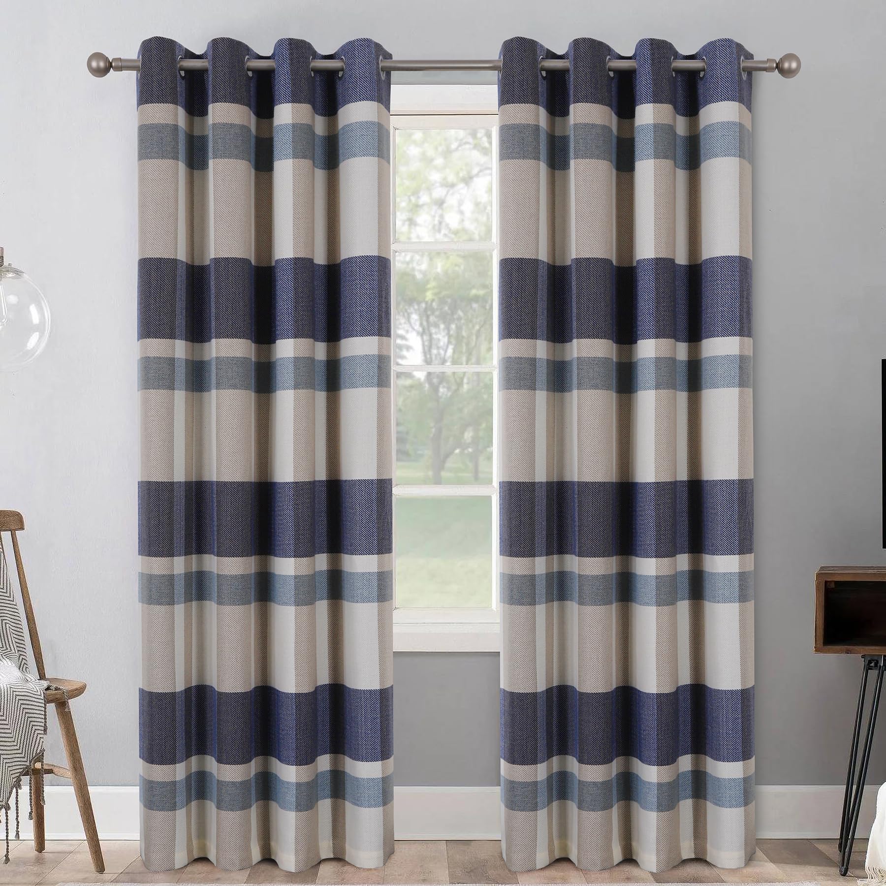 always4u 100% Blackout Curtains Check Eyelet Bedroom Tartan Curtain Plaid Woven Brushed Cheque Pair of Highland Woolen Look Window Treatment for Living Room Dark Blue 90 * 90 Inches