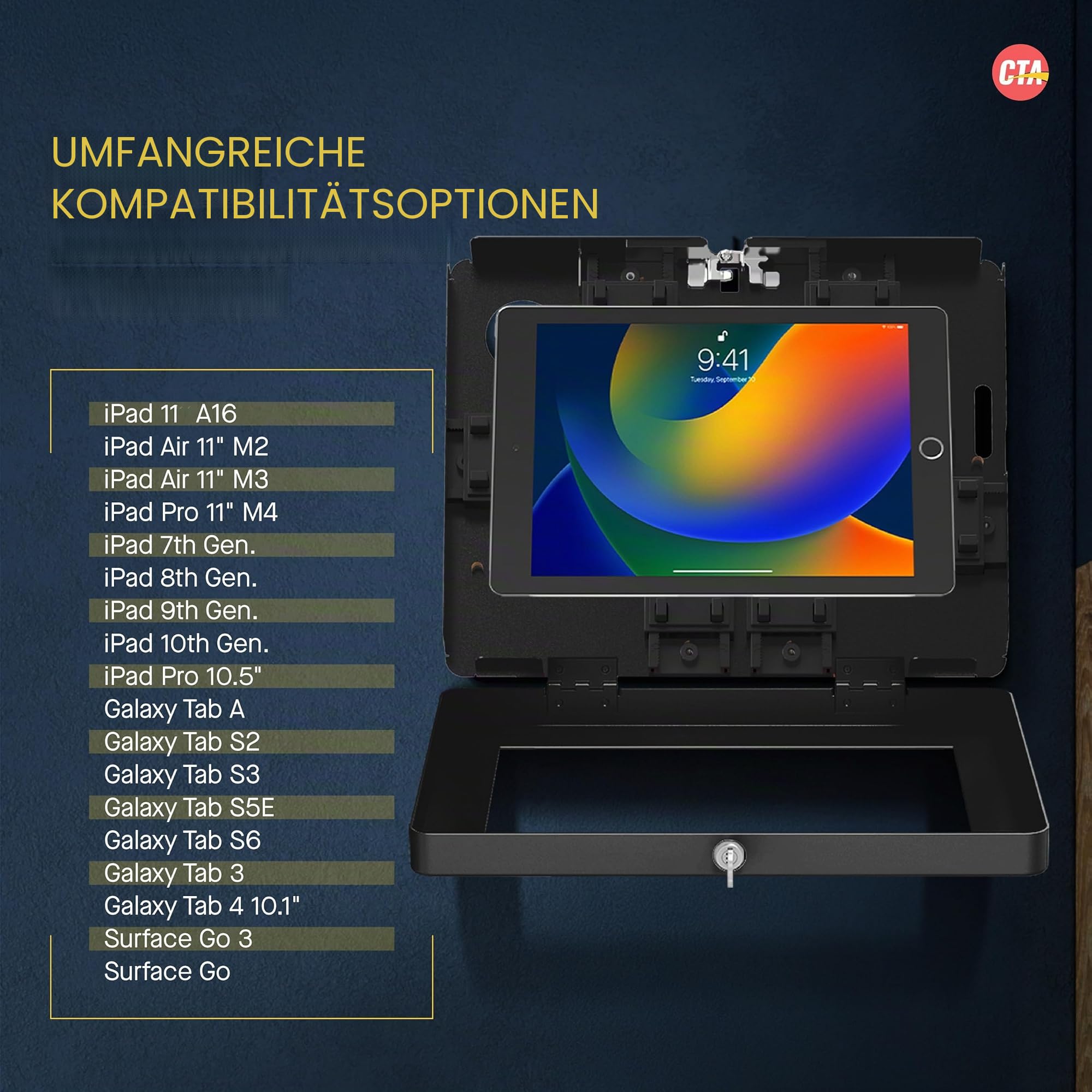 CTA Verriegelbare Anti-Diebstahl-Tablet-Wandhalterung für iPad 10. Generation 11 Zoll, 7./8./9. Gen, Air 4 - Kompatibel Mit Galaxy Tab, Lenovo Tab 4, Zebra Tablets & Mehr