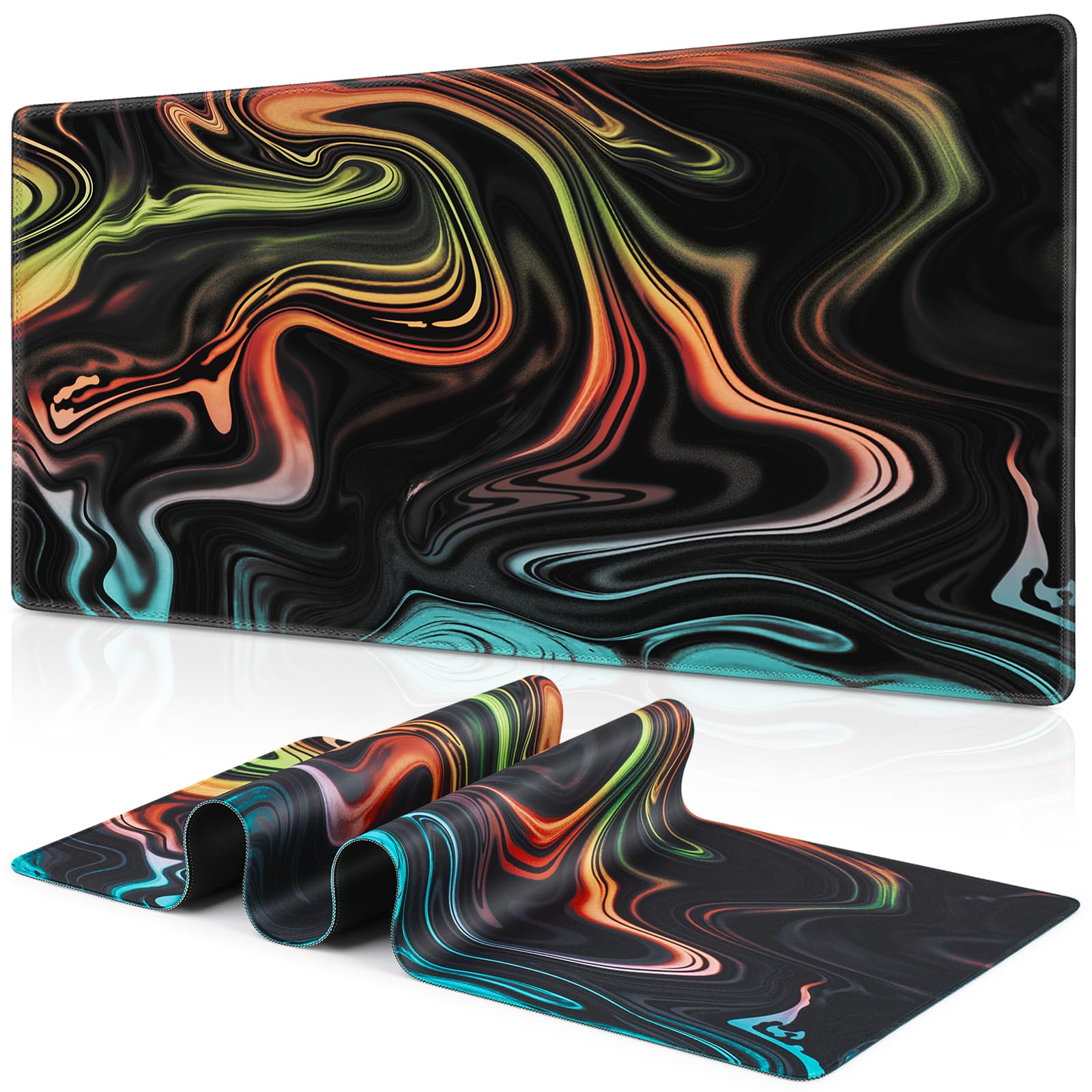 Abetcabe Gaming Mauspad XXL, Mousepad 900 x 400mm, Fluid Art Mauspad groß Vernähte Kanten WassXerdicht Anti-Rutsch für PC, Laptop Verbessert Präzision und Geschwindigkei