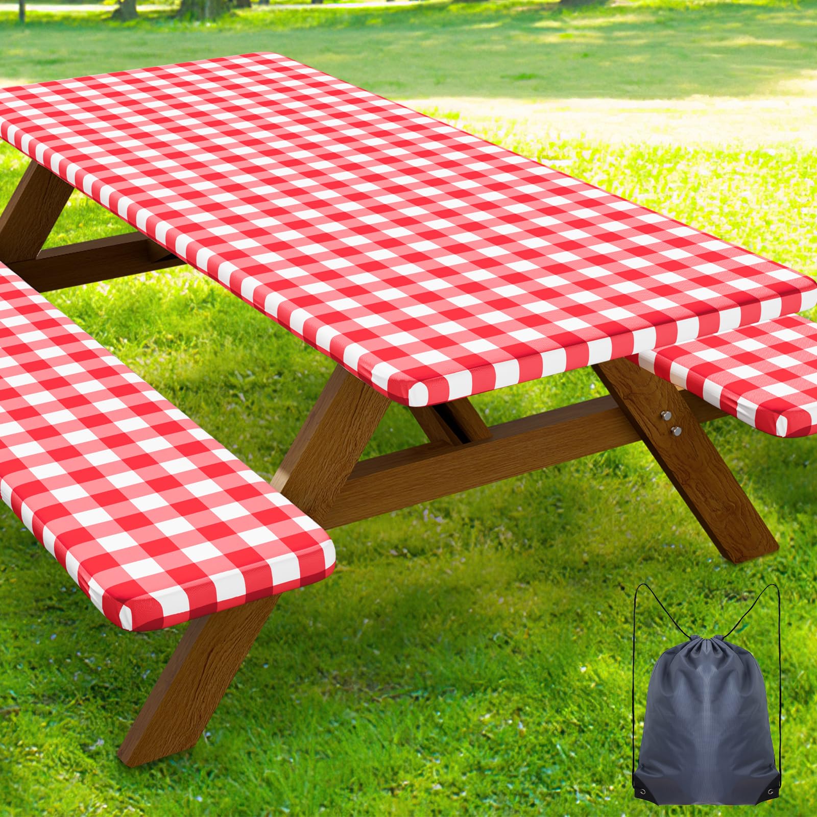 Smiry Picnic Table Cover with Bench Covers, Waterproof Elastic Fitted Tablecloths for 8 Foot Rectangle Tables, Washable Buffalo Plaid Tablecloth for Camping, Outdoor (Red & White, 30"x96")