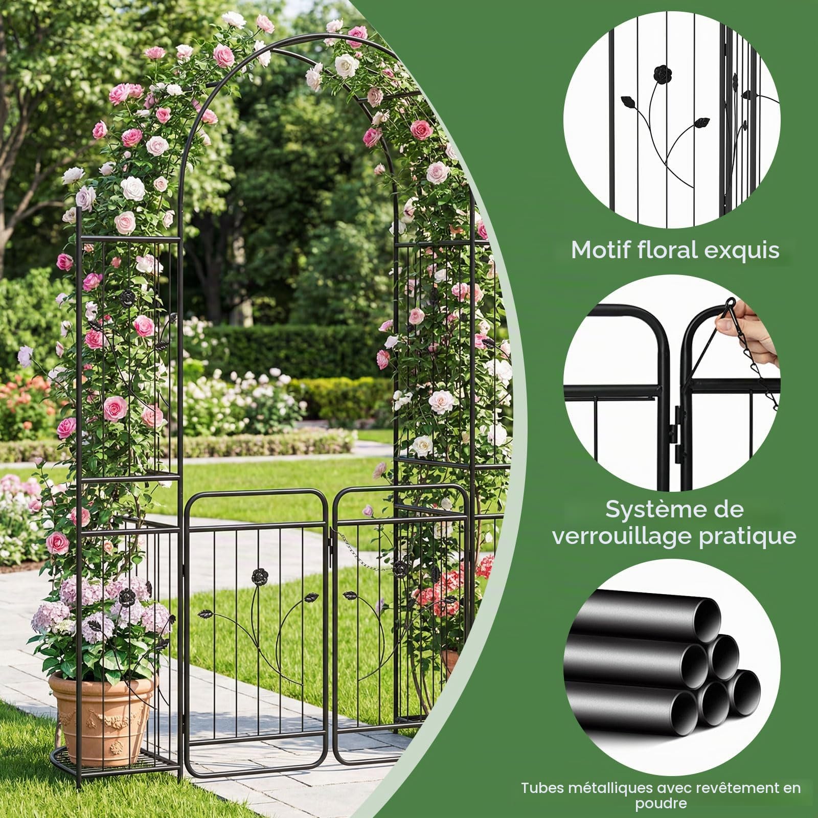 HOMASIS Arche de Jardin Haute avec Porte Verrouillable, Tonnelle Métallique Robuste avec Treillis et Étagères Latérales pour Plantes Grimpantes, pour Mariage, Pelouse (163x50x220cm)