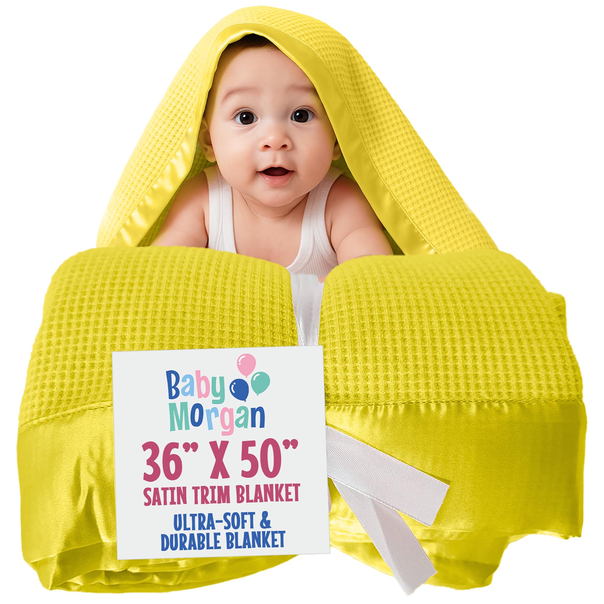 Thermal Waffle Knit Baby Blanket Satin Trim Yellow 36" x 50"