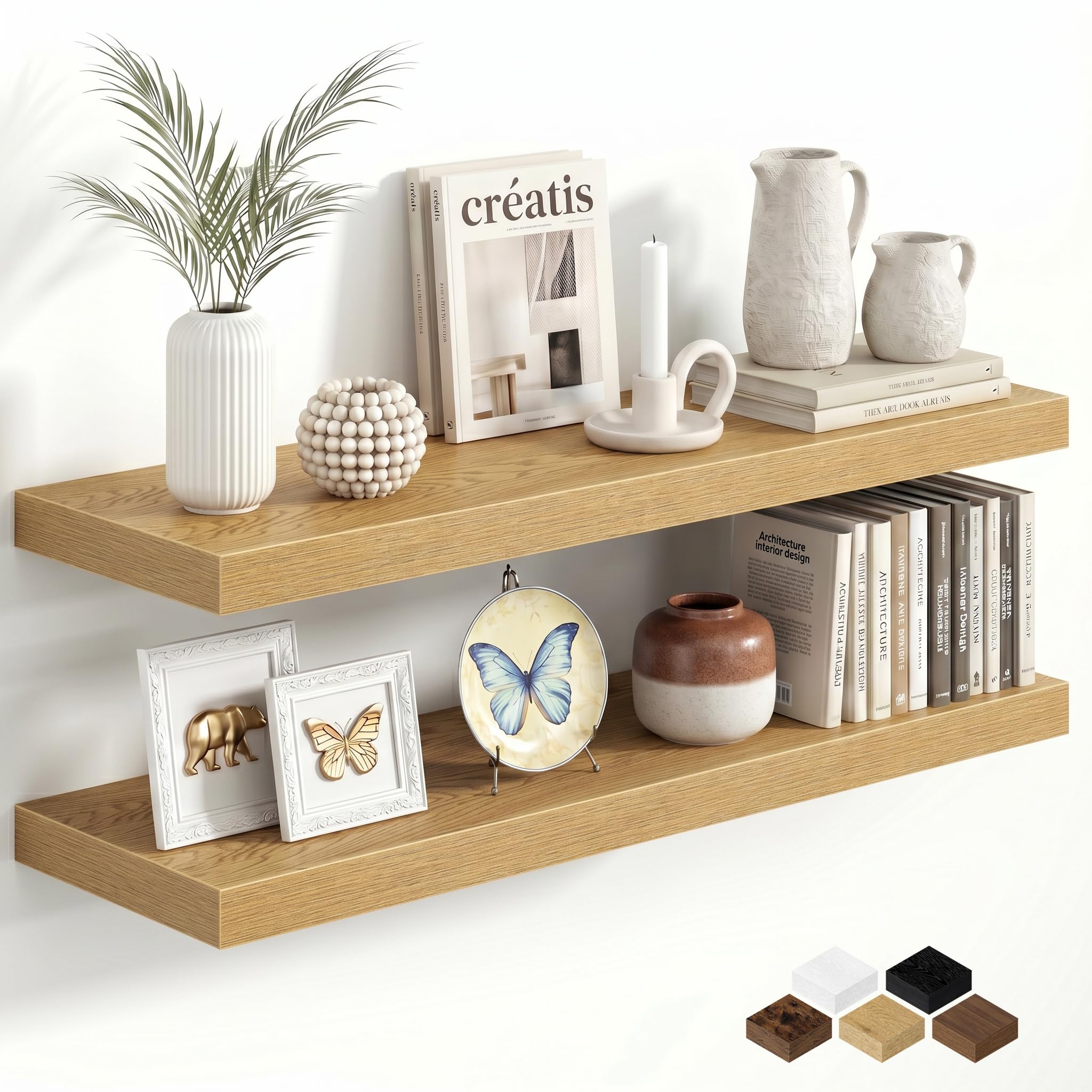Fun Memories 76cm Oak Floating Shelves for Wall, 23.5cm Deep Shelves for Bathroom|Kitchen|Bedroom, Wall Mounted Rustic Wood Floating Shelf with Invisible Brackets for Decor, 2 Pack