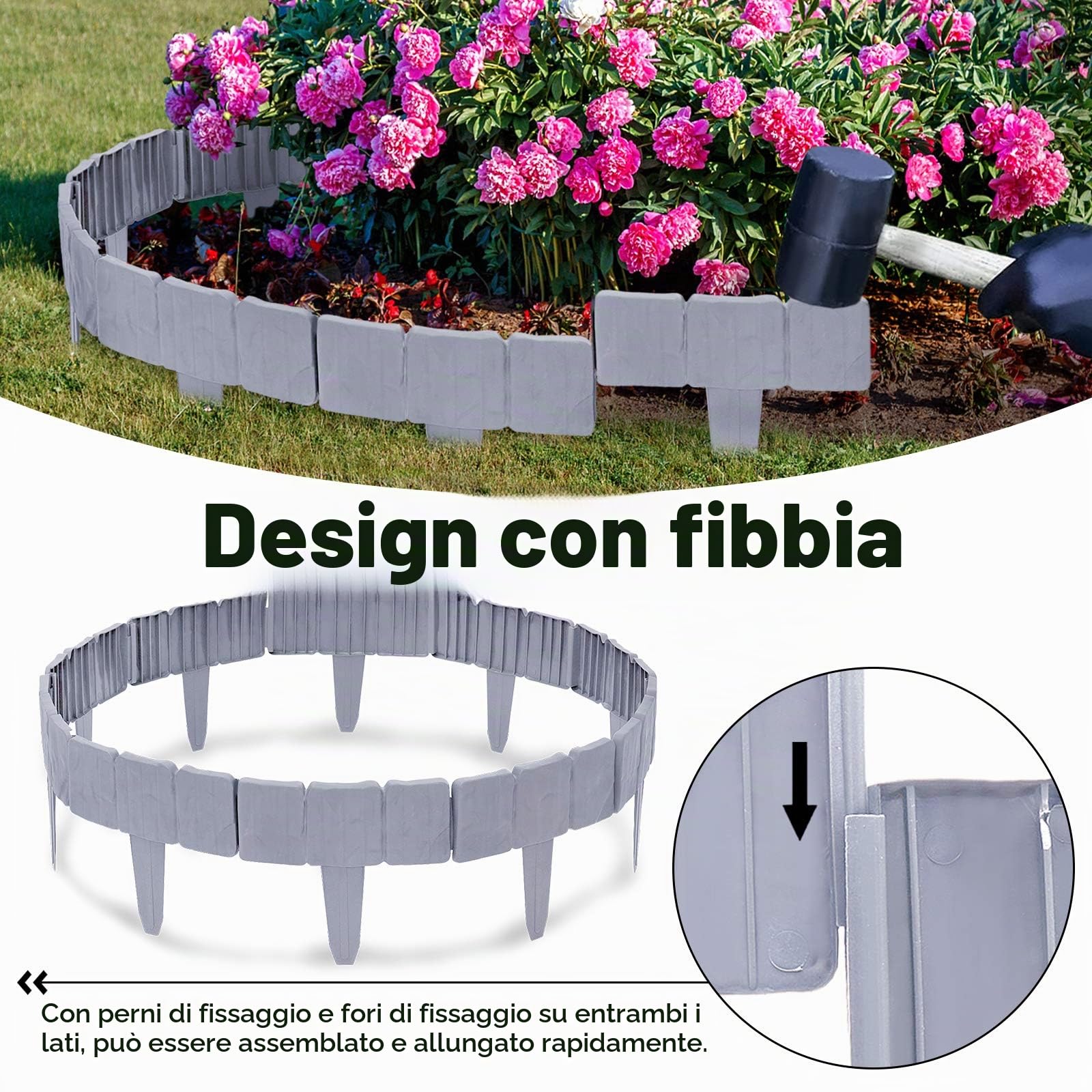 UISEBRT 40 Pezzi Bordo per Giardini Grigio 10m, Bordo per Prato in plastica, Effetto Pietra, Palizzata per Giardino Bordo Aiuole, Grigio