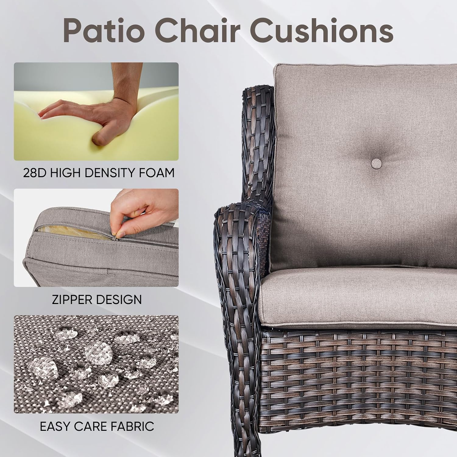 Outdoor Wicker Chair Cushions 2 Packs - Outside High Back Thick Water-Resistant Cushion 22x24 with Zipper Cover for Patio Glider Rocking Chairs Loveseat Couch – Grey/Buckle