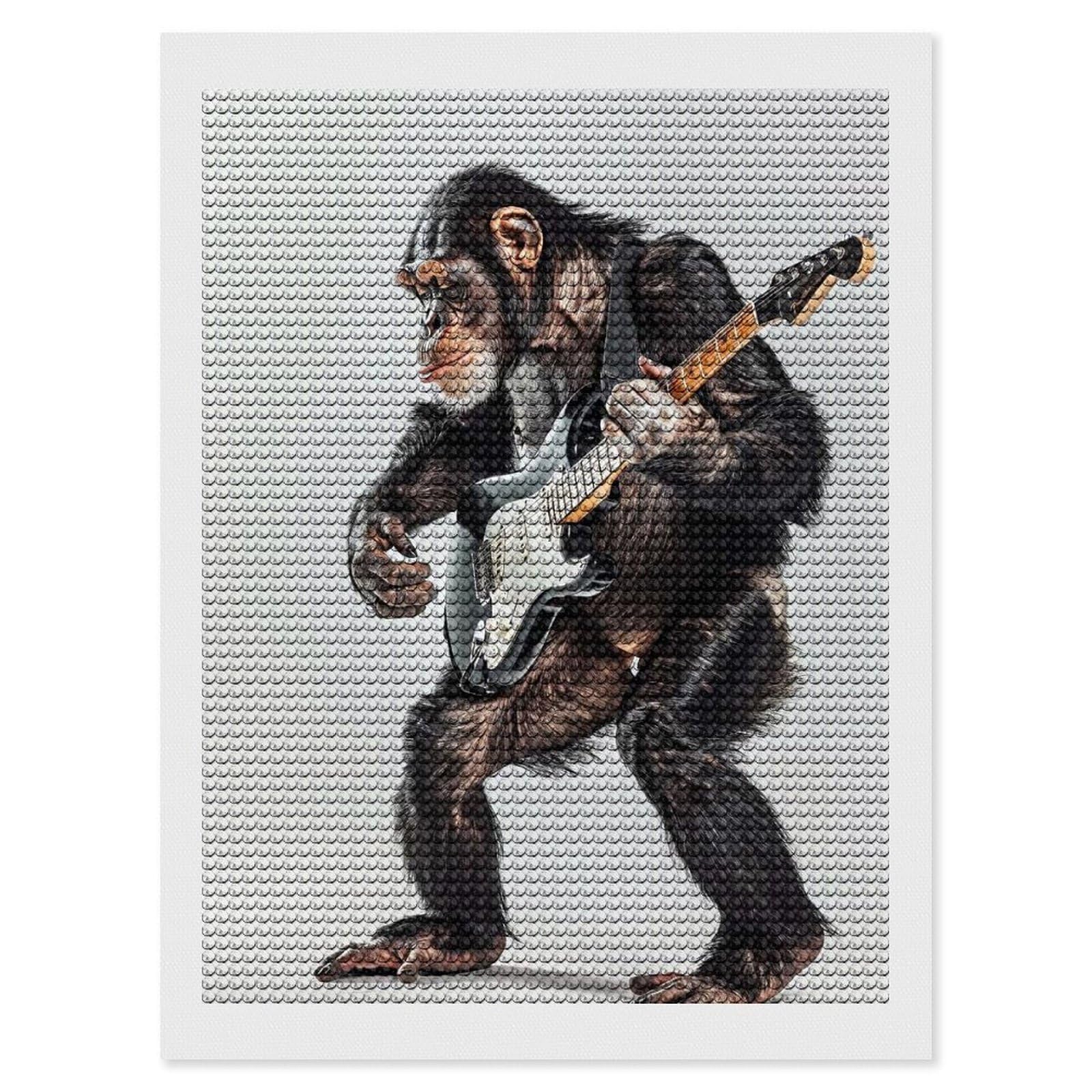 Junmoney Chimpanzee Guitar Diamond Painting Set 12"x16", Modern Decor, for Beginners, Printed Canvas, Thoughtful Handmade Gift, with Tool Kit