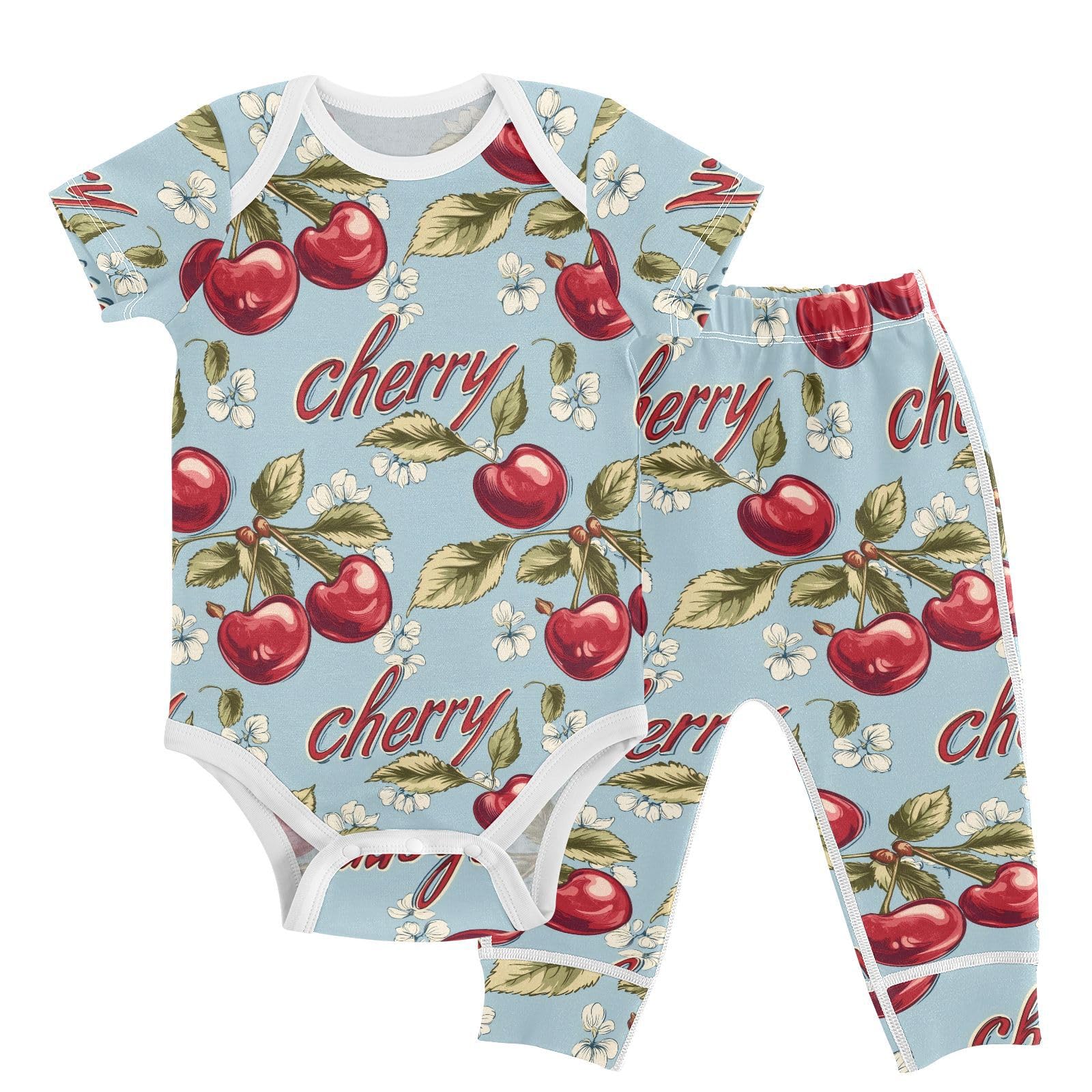 vvfelixl Unisex Short Sleeve Baby Pants Sets,Retro Logo Of Cherry Baby Bodysuits Set,Babys Layette Sets Clothes for 18-24M