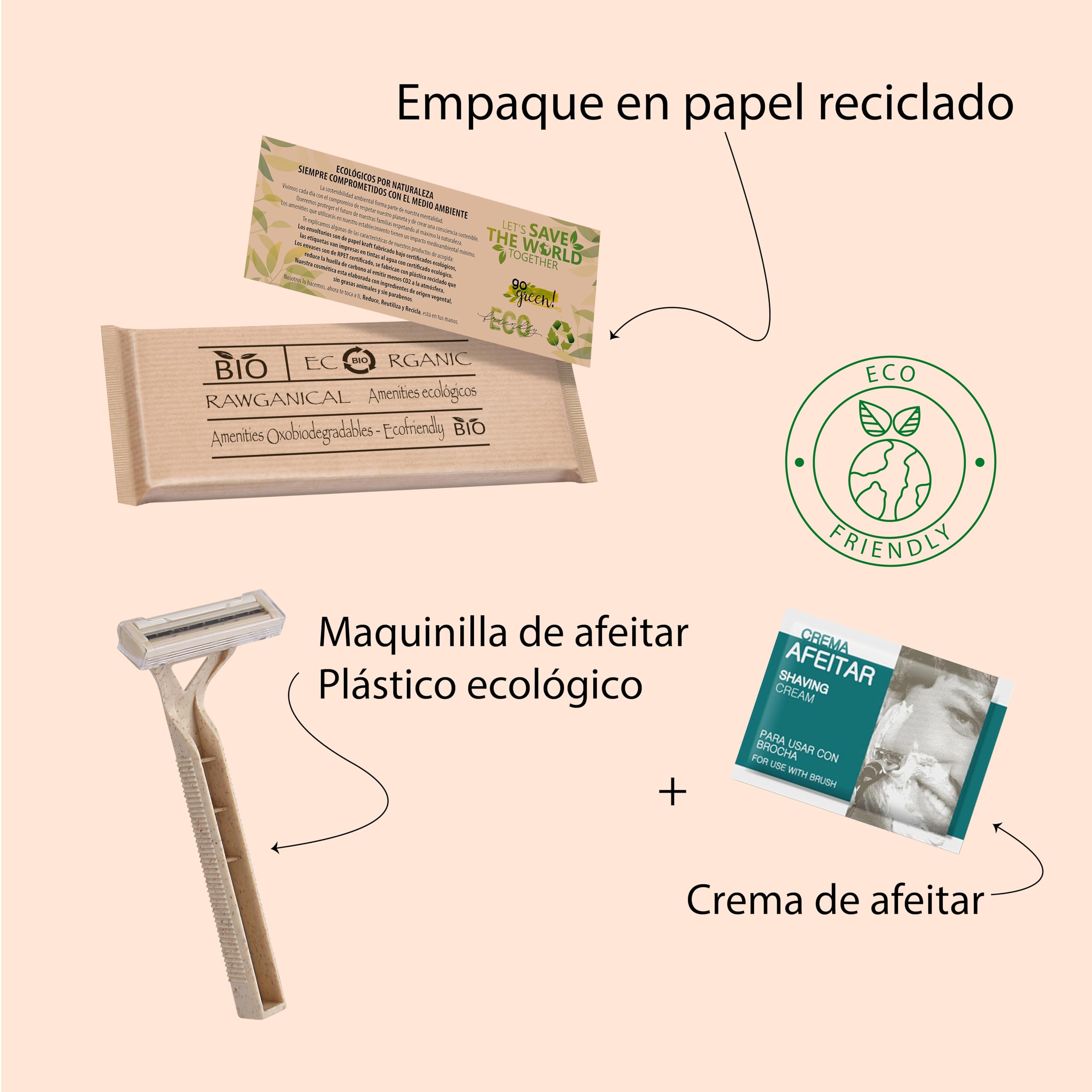 100 Set di Rasatura per Alberghi | Kit di Rasatura Ecologico Avvolto Individualmente in Carta kraft - Linea Rawganical| Per Hotel, Viaggi e Ospiti | 100 Kit