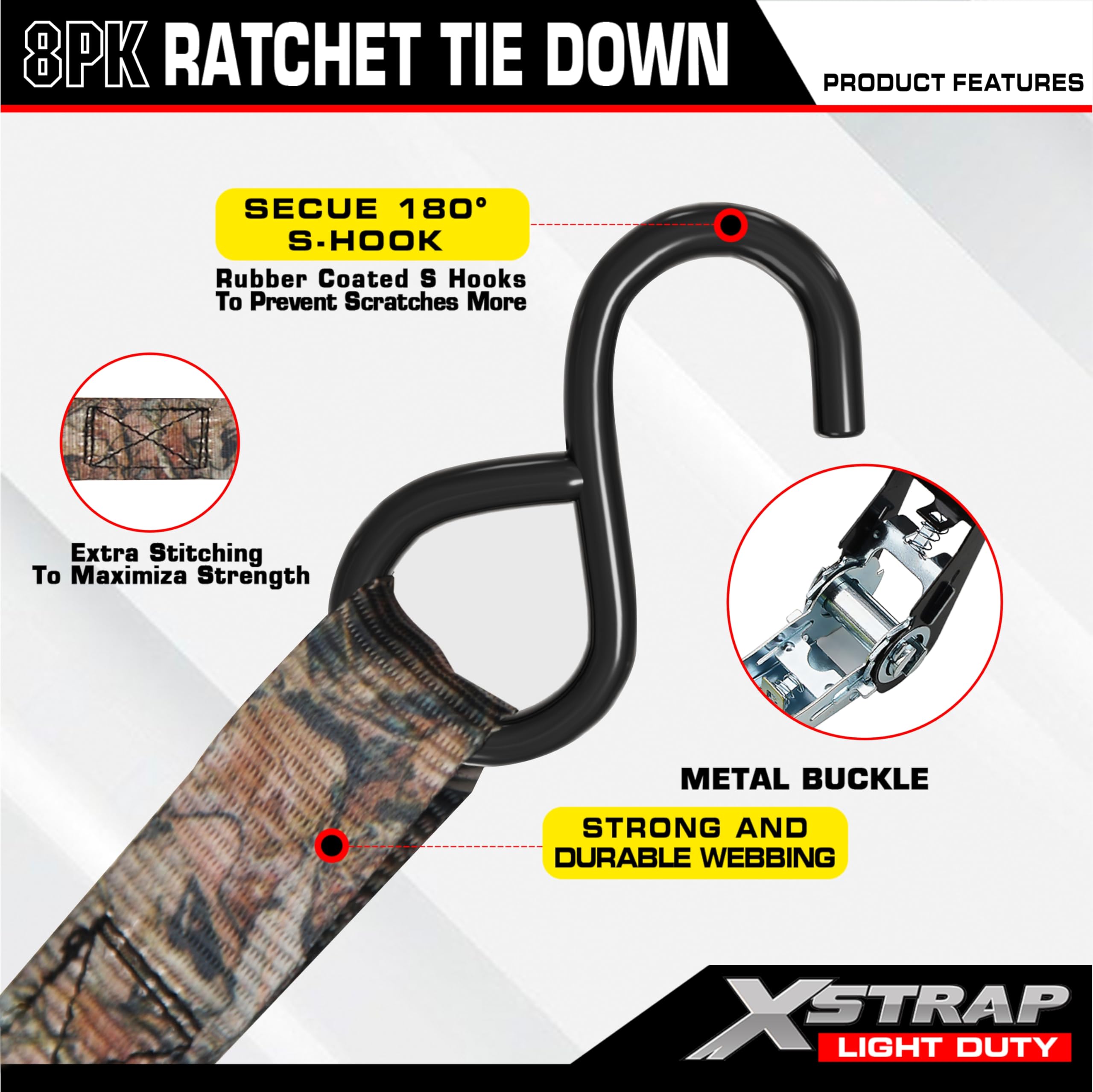 XSTRAP Correas de amarre de trinquete – 8 unidades – 1 x 10 pies – 408 kg – Correas de carga de resistencia a la rotura para aparatos móviles, equipo de césped, motocicleta (camuflaje2)