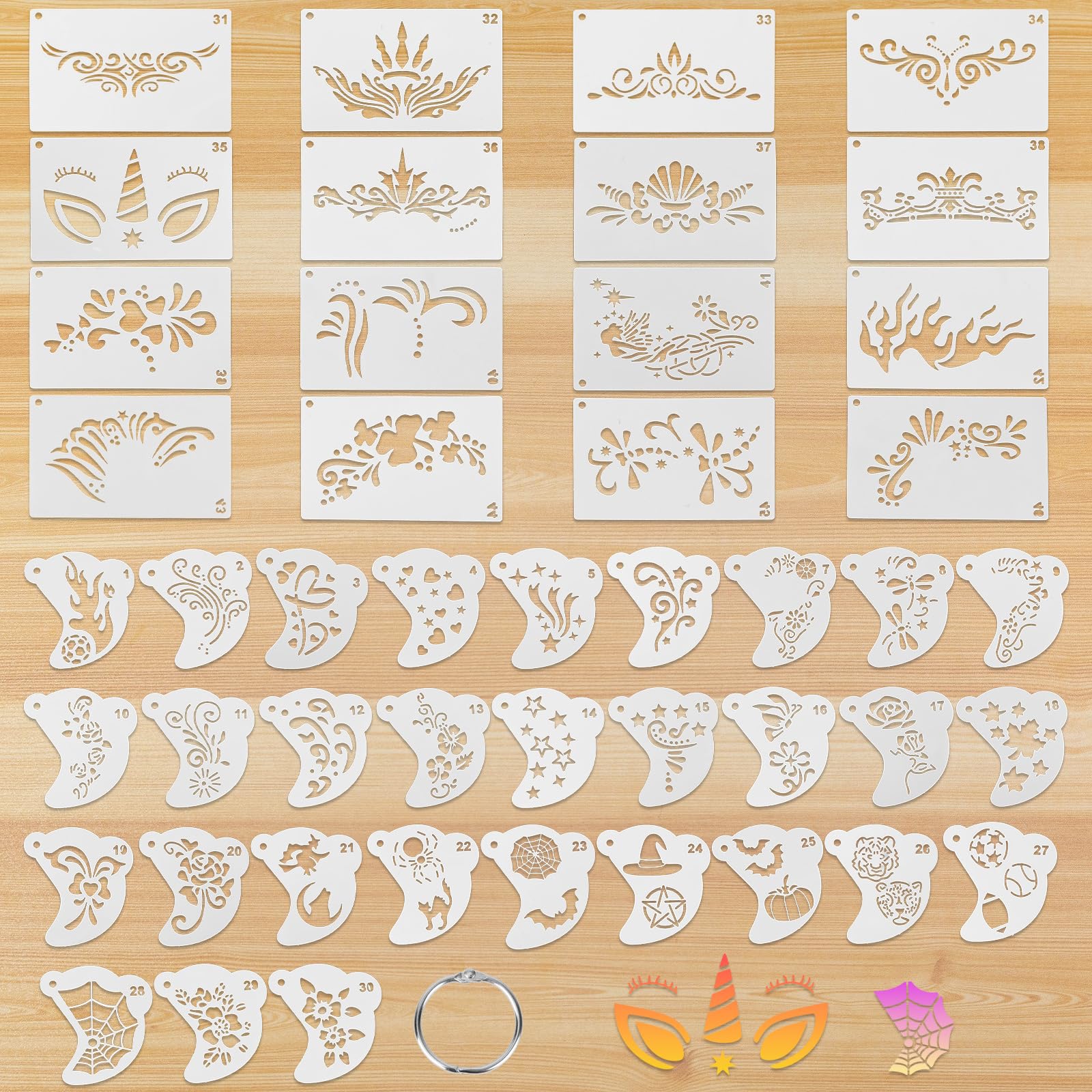 BOXOB 46pcs Face Paint Stencils Reusable, Facial Painting Template 2 Designs Facepaint Body Tattoo Stencil for Kids & Adults Halloween Party Makeup DIY Art