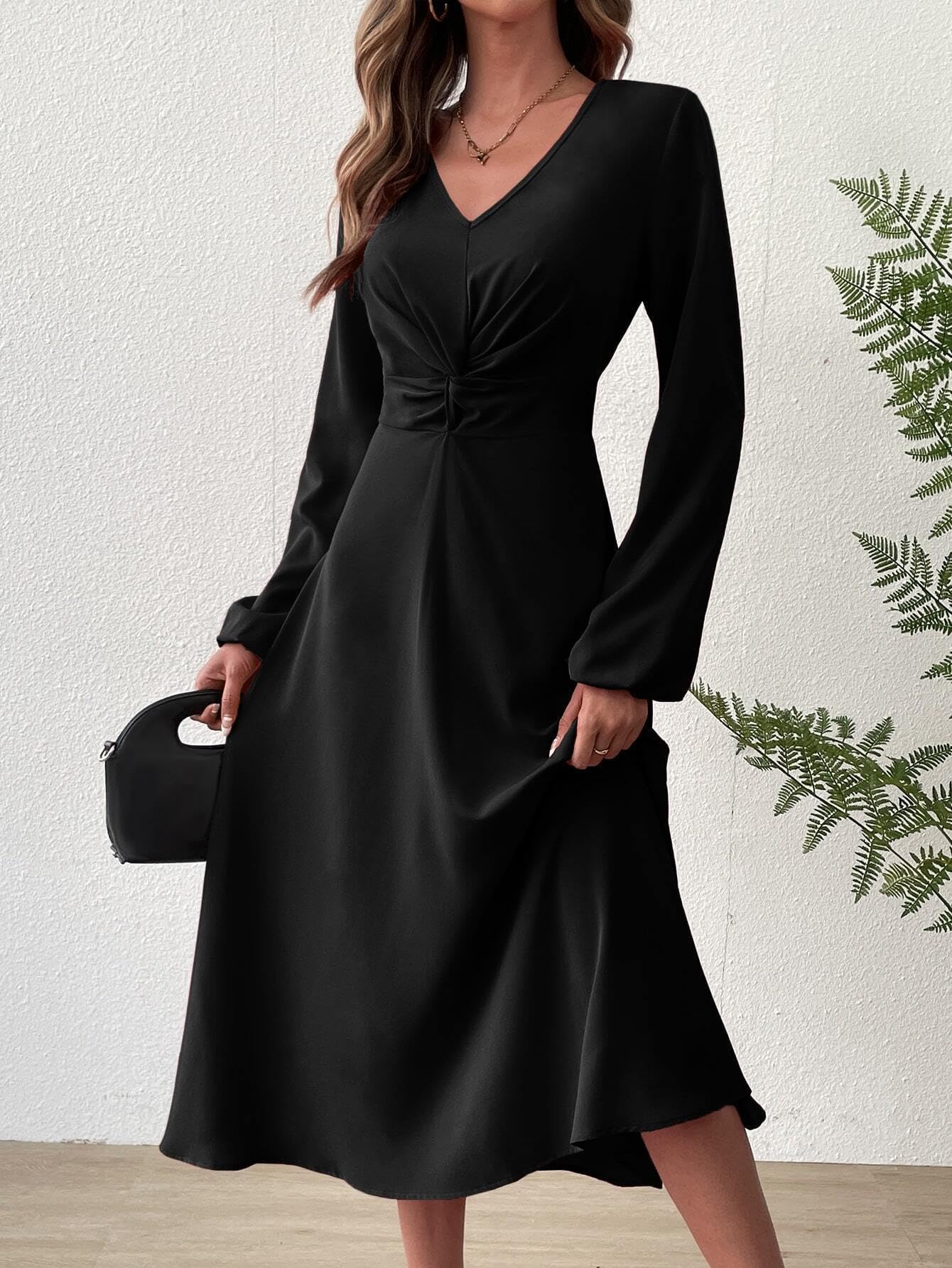 Vestidos de Fiesta Mujer Elegante Manga Larga Midi Vestido de Cóctel Plisado Sexy Cuello en V Bodycon Vintage A-línea Formal Vestido para Invitada Boda Noche Otoño Invierno