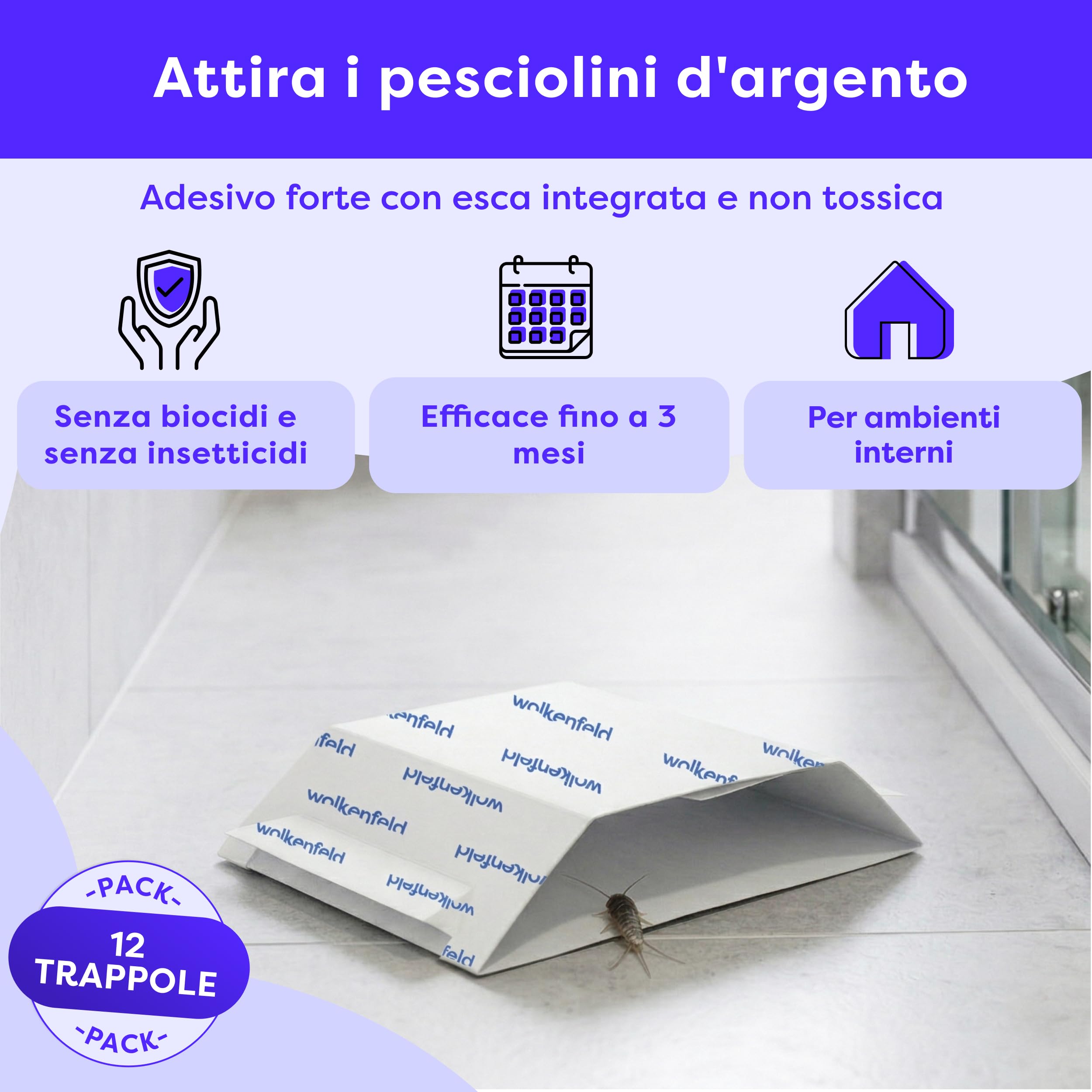 Wolkenfeld Trappola Pesciolini D'argento – Esca Naturale Adesiva Anti Pesciolini D'argento – Monitoraggio Casa e Bagno – 100% Senza Spray né Biocidi – Prodotto in Germania – 12 Fogli Adesivi