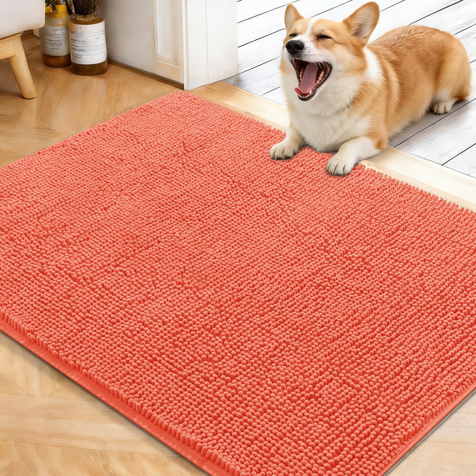 OLANLY Dog Doormat with Muddy Paws, Absorbs Moisture Dirt, Absorbent Non-Slip Washable Quick Dry Dog Entrance Mat Indoor Indoor Floor Mat, Coral