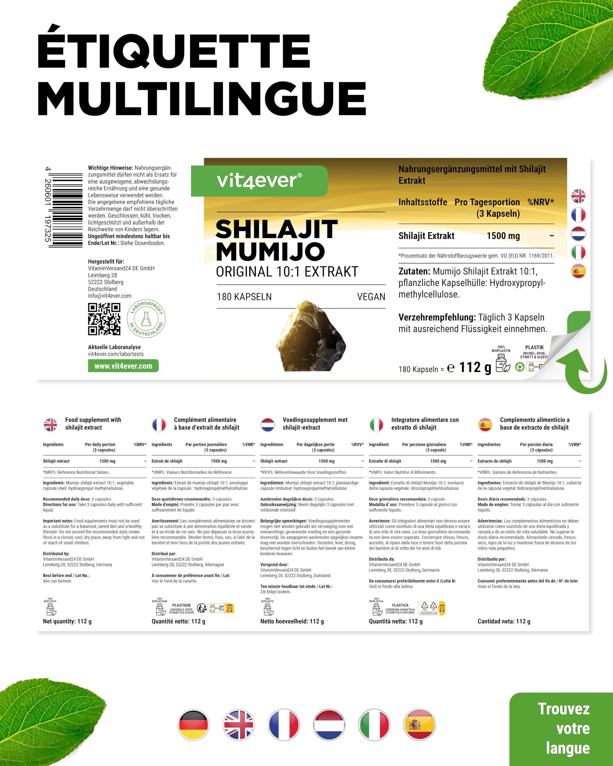 Mumijo Shilajit -180 capsules - Hautement Dosé avec 1500 mg par Portion Journalière - Extrait 10:1 - Sans Additifs Indésirables - Vegan