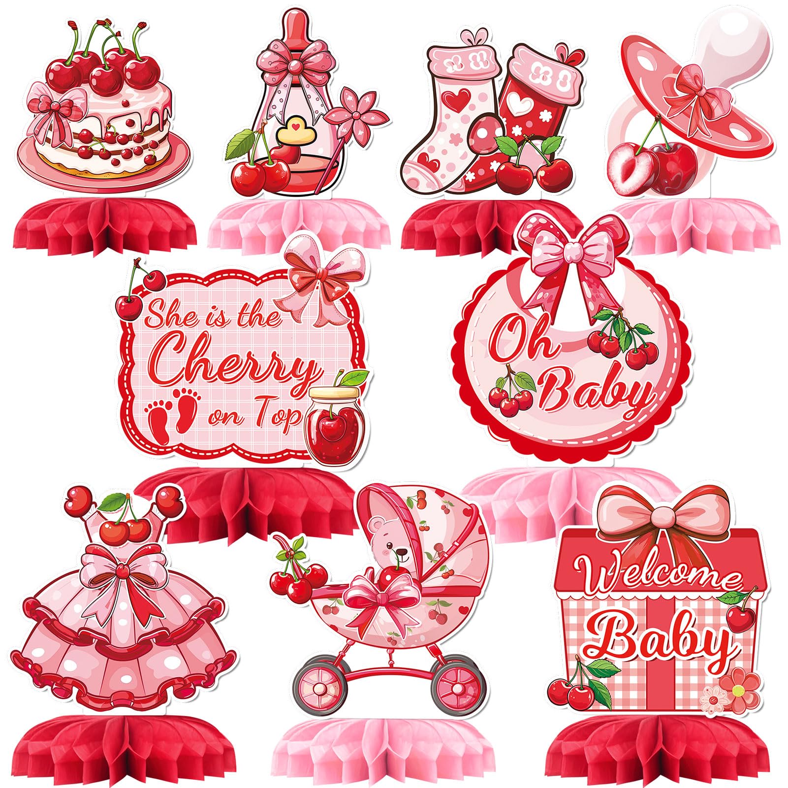 9PCS Cherry Baby Shower Decorations Cherry On Top Baby Shower Decorations Cherry Theme Party Supplies Cherry Birthday Party Honeycomb Centerpiece