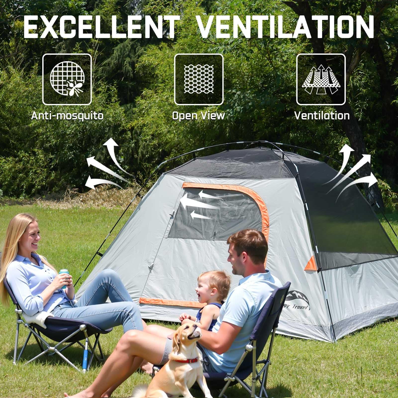 Happy Travel Campingzelt, 4/5 Personen Kuppelzelte für Camping mit Regenfliege, wasserdichter Clip, einfacher Aufbau, tragbares Familienzelt mit Netzfenstern, 20% mehr Kopffreiheit Rucksackzelte für