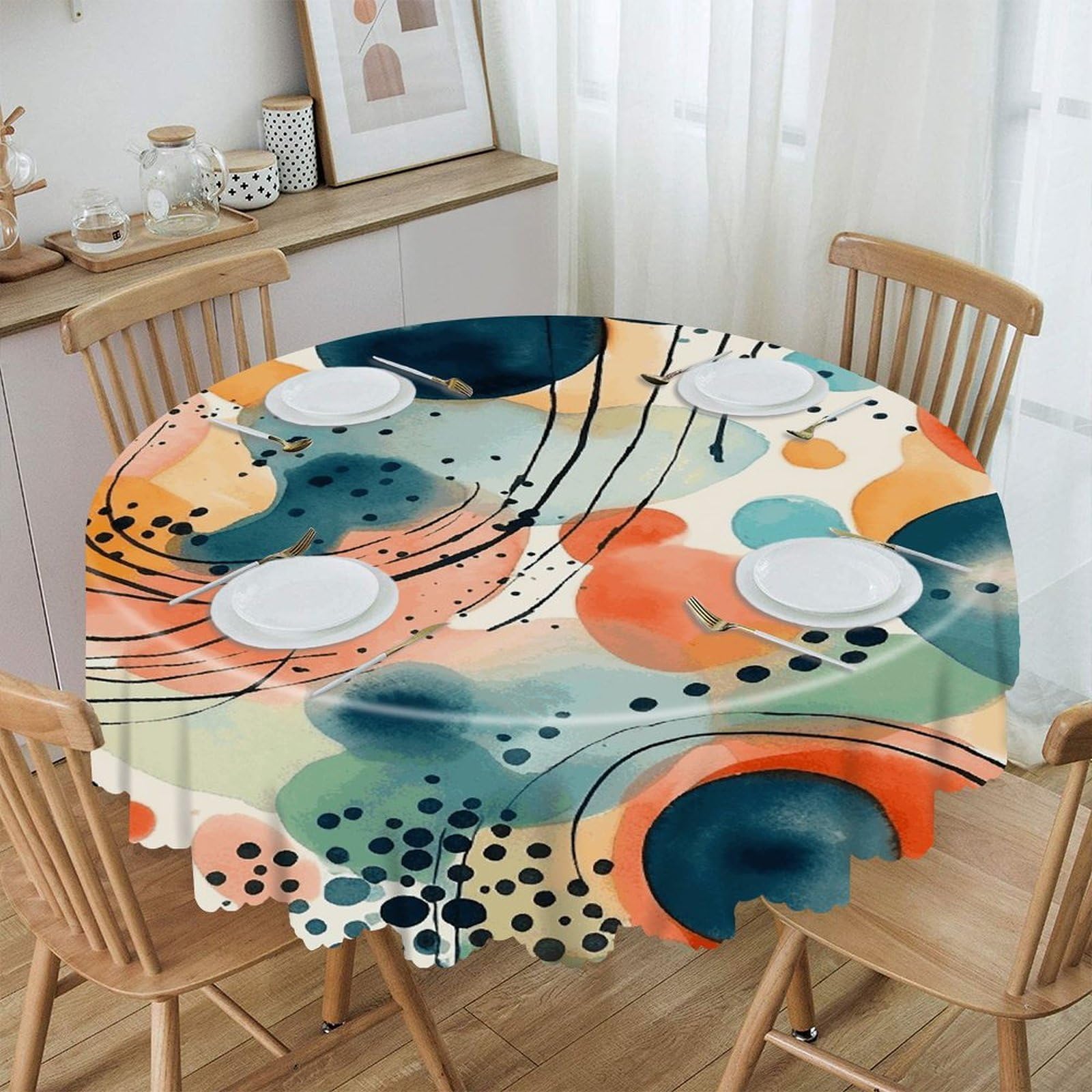 Btcowzrv Style Hand Drawn Pattern Polyester Round Tablecloth 59.84 Inch, Decorative Washable Table Cover, Table Cloth For Restaurant Picnic Indoor And Outdoor Dining