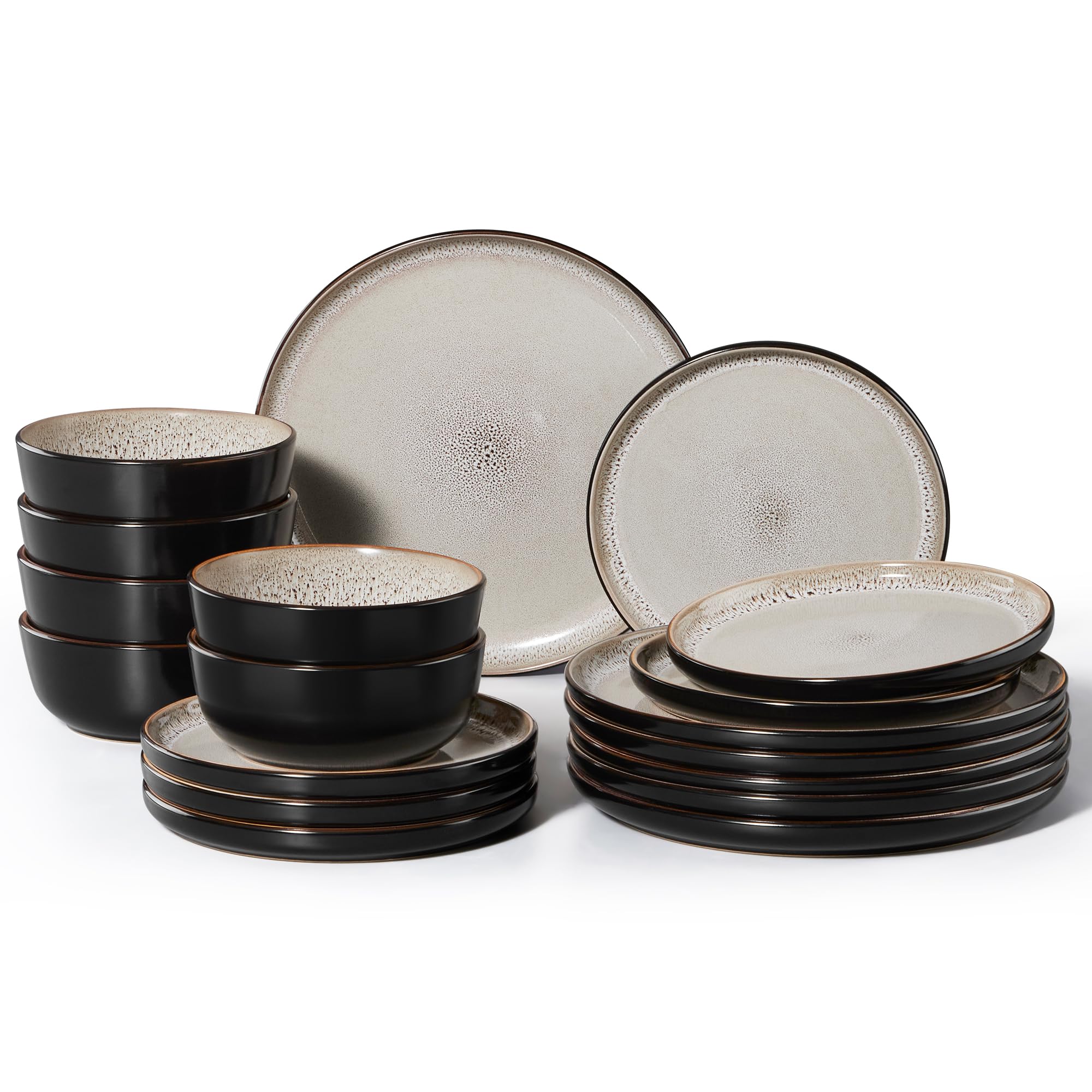 HaWare Geschirrset 6 Personen, 18-tlg Steingut Geschirr Teller Set Reaktive Glasur Tafelservice Set mit Speiseteller Dessertteller und Müslischüsseln, Mikrowellen- und Spülmaschinenfest, Khaki