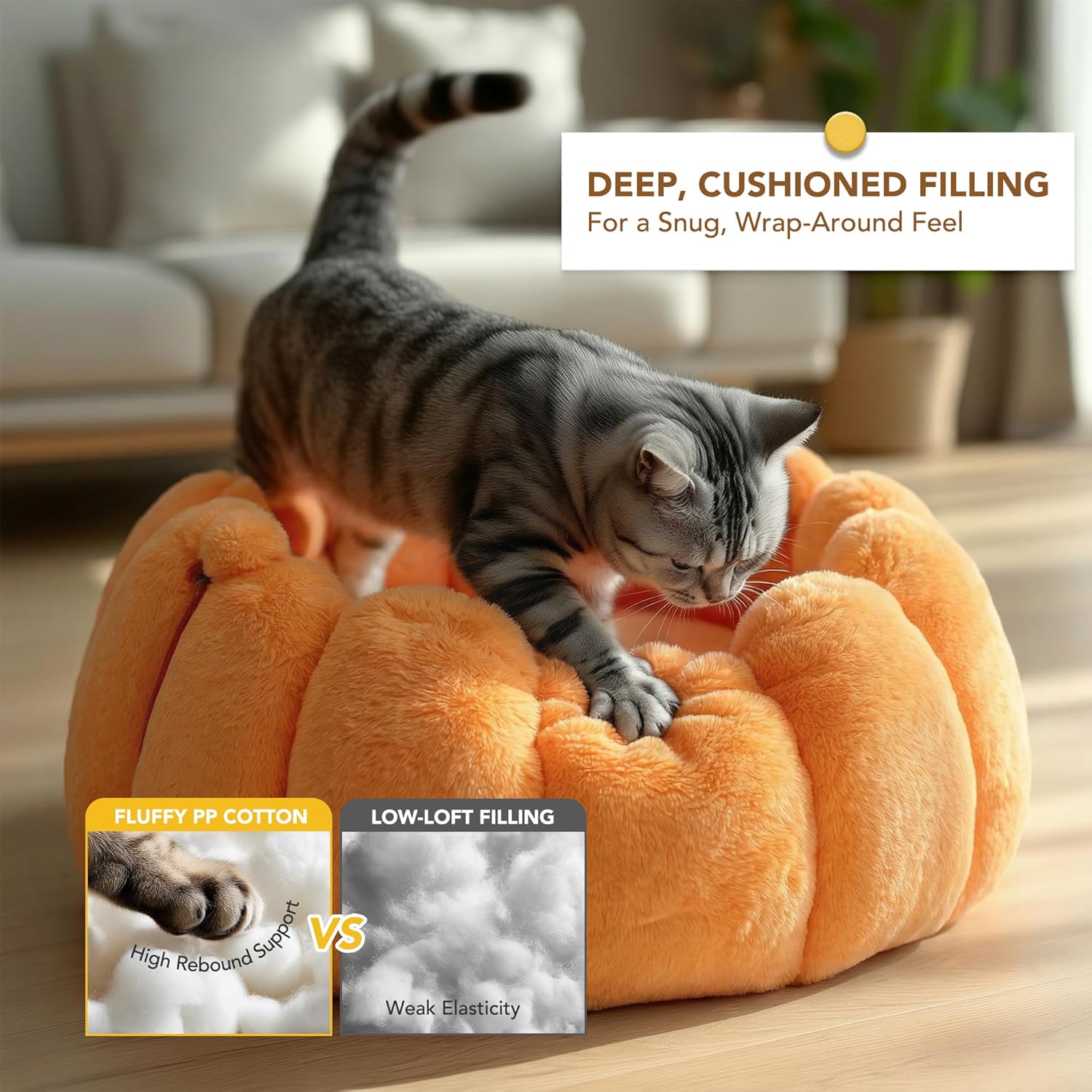 PETNOVO Pumpkin Calming Cat Bed,Plush Donut Cuddler with High Bolster,Ultra Soft Bunny Plush,Oeko‑TEX,Non-Slip Pet Nest,for Indoor Cats up to 13 lbs & Small Dogs,20Lx20Wx12H Inch,Pumpkin Yellow