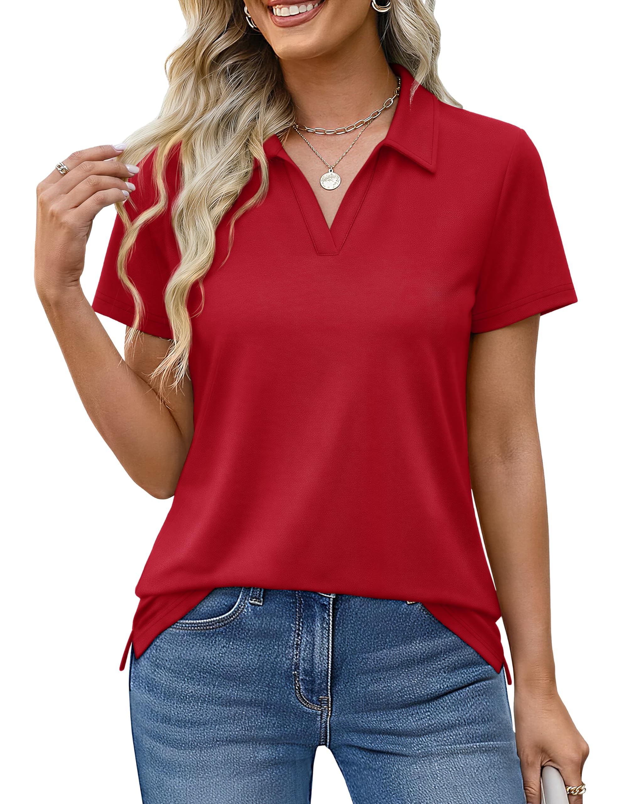 MAGCOMSEN Women's Polo Shirts Cotton Short Sleeve V-Neck Collared Tops Golf Shirt Work Casual Summer Tee