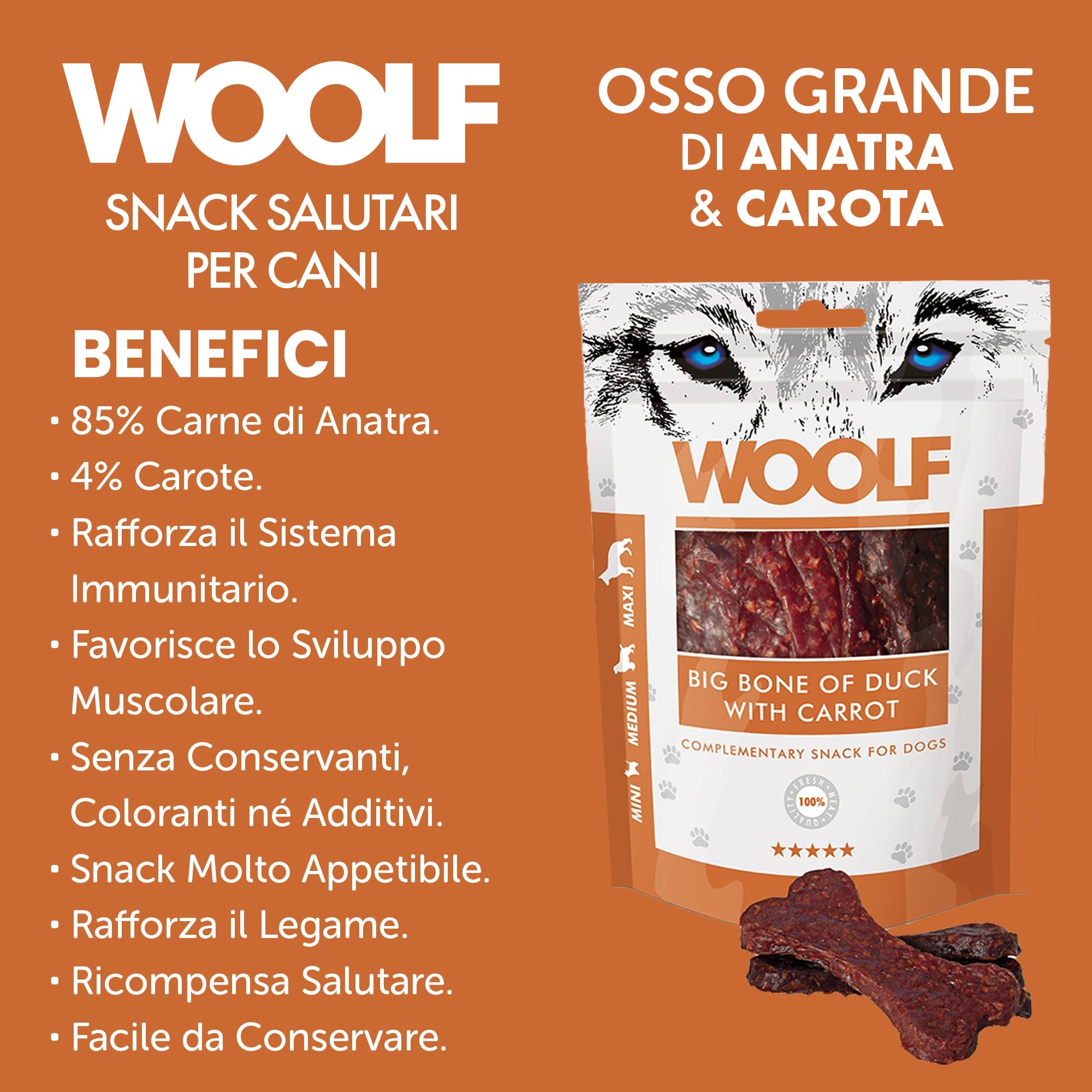 Snack per cani dental stick per cani premietti addestramento masticativi lunga durata osso pulizia denti cane al gusto anatra e carota 100 g | WOOLF