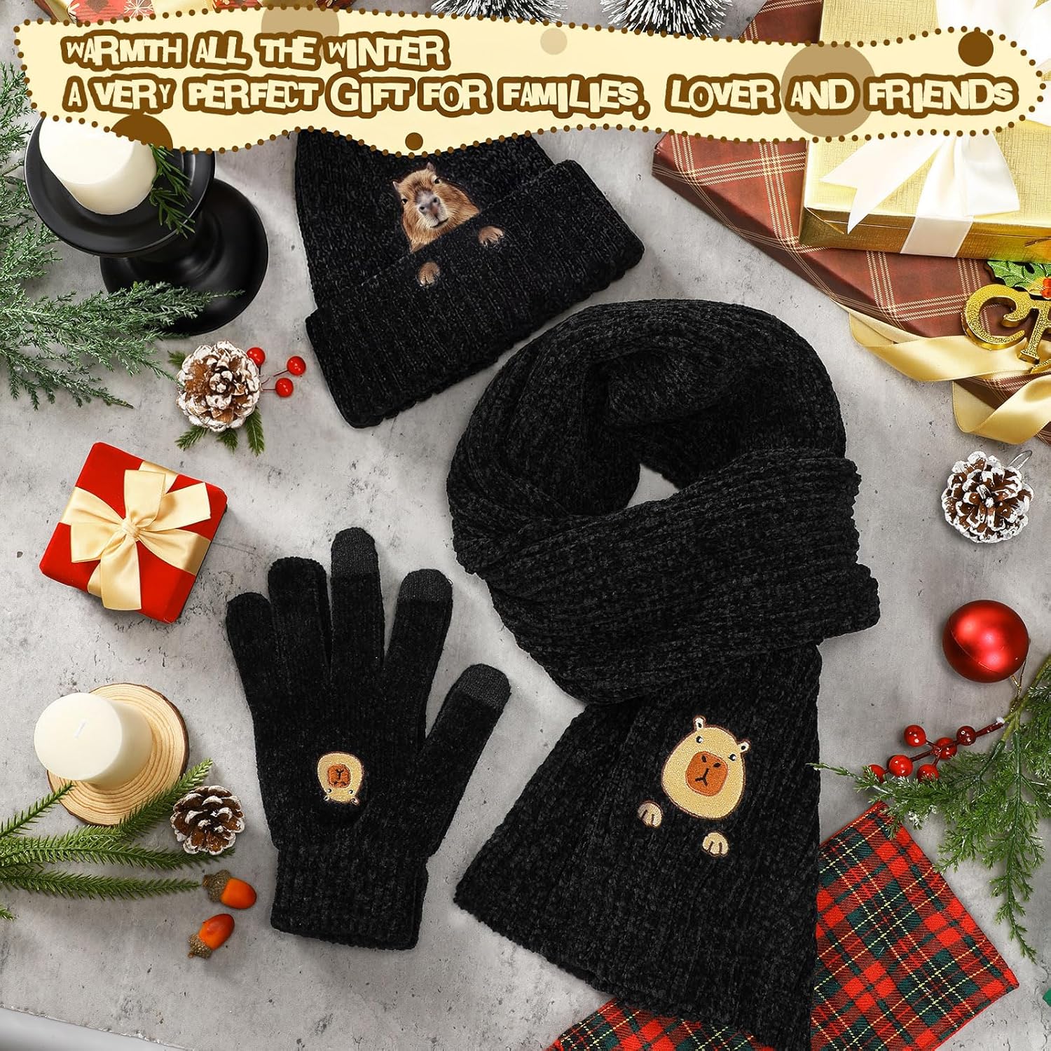 Jecery Winter Knit Hat Warm Beanie Long Scarf Touch Screen Gloves Set Knit Long Neck Scarves Skull Cap Gloves for Women Men - Image 6