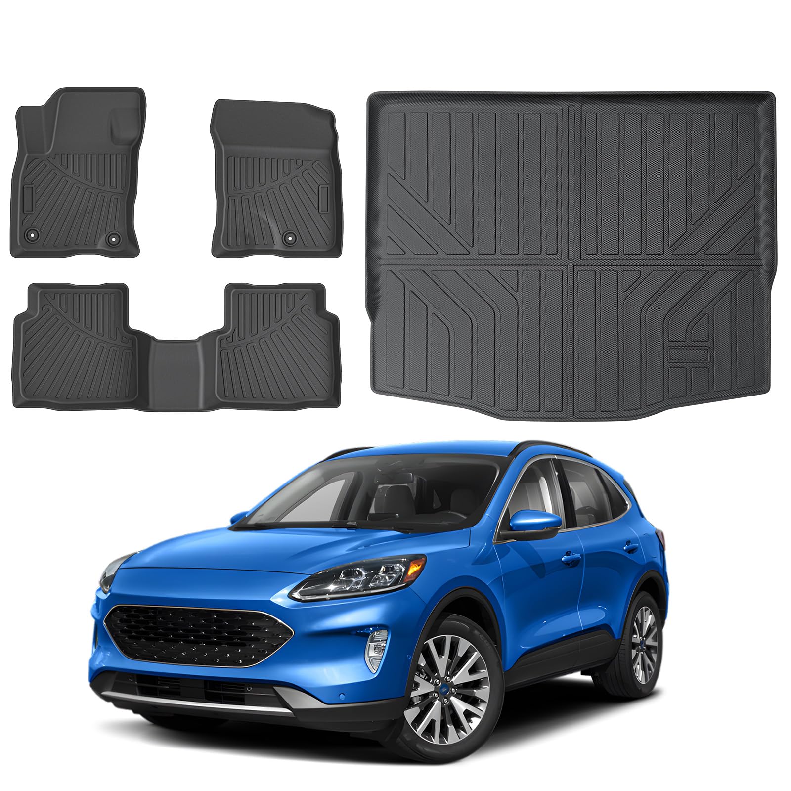 FIILINES Floor Mats for Ford Escape 2020-2026 (Not Fit Hybrid) All Weather TPE Floor Liners and Trunk Mat for Ford Escape Accessories Black