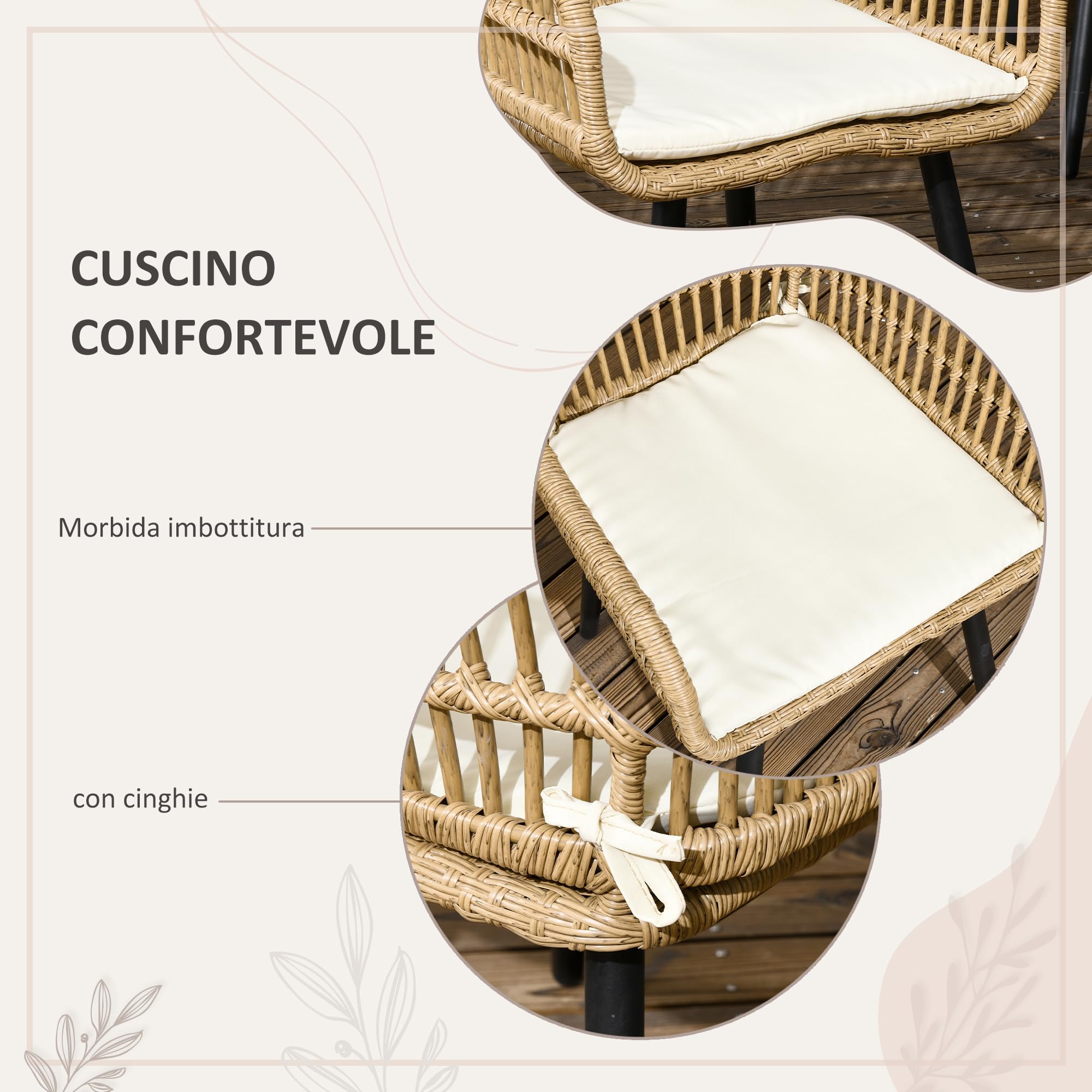 Outsunny Set da Giardino 7 Pezzi in Rattan PE, Set da Esterno con Tavolo da Pranzo e 6 Sedie con Cuscini, Beige, Nero e color Legno