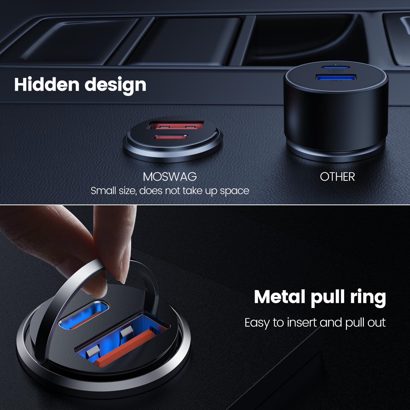 MOSWAG Car Charger, Invisible Cigarette Lighter USB Adapter [All Metal & Mini], 18W&15.5W 2 Port Car Adapter, QC3.0 Dual Port Cigarette Lighter for iPhone 16 15 Samsung S25 Ultra Piexl 7 and More