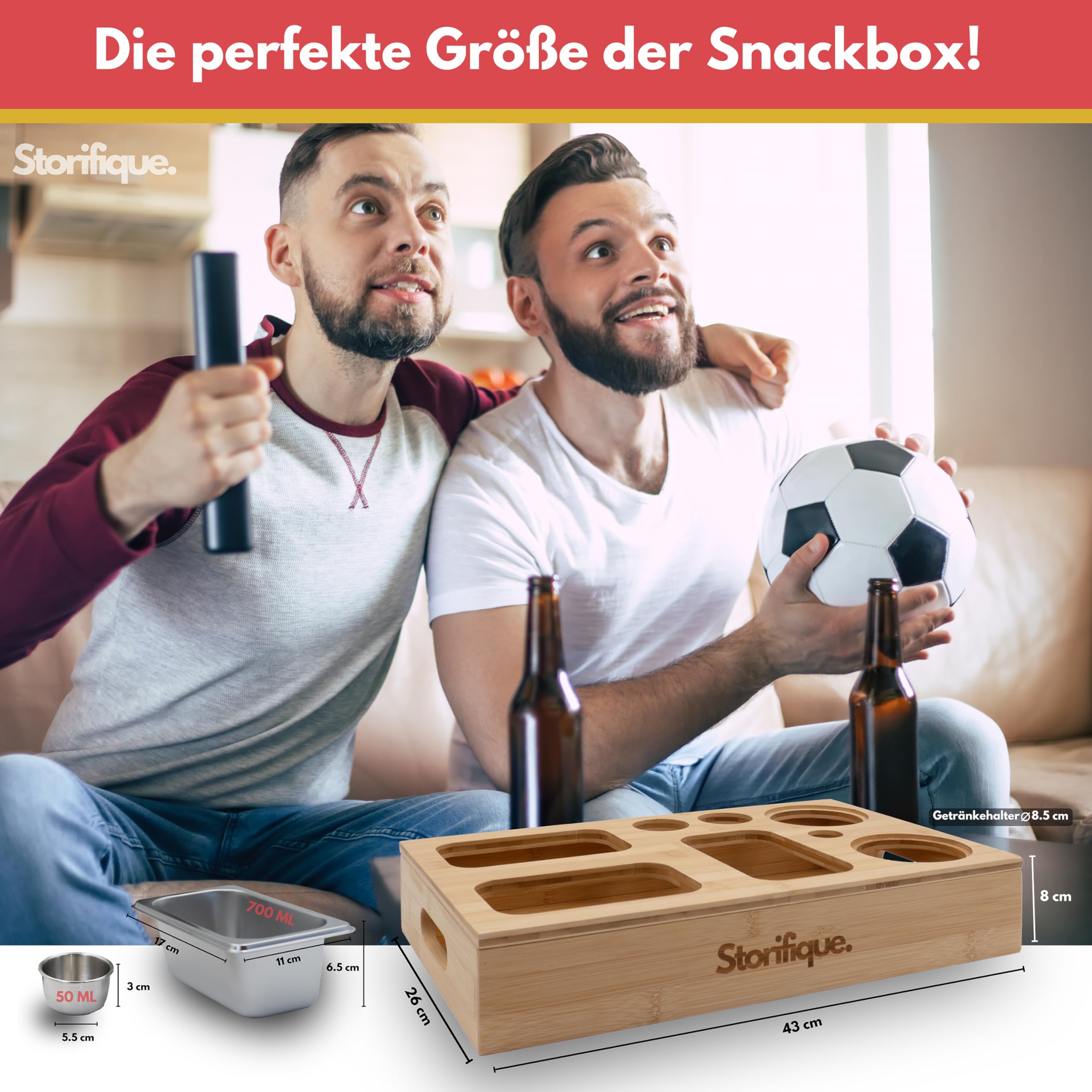 Storifique Couchbar Snackbox – Bambus-Serviertablett Mit 3 Edelstahlschalen, Dipschälchen & Flaschenöffner – Perfekt Für Filmabende