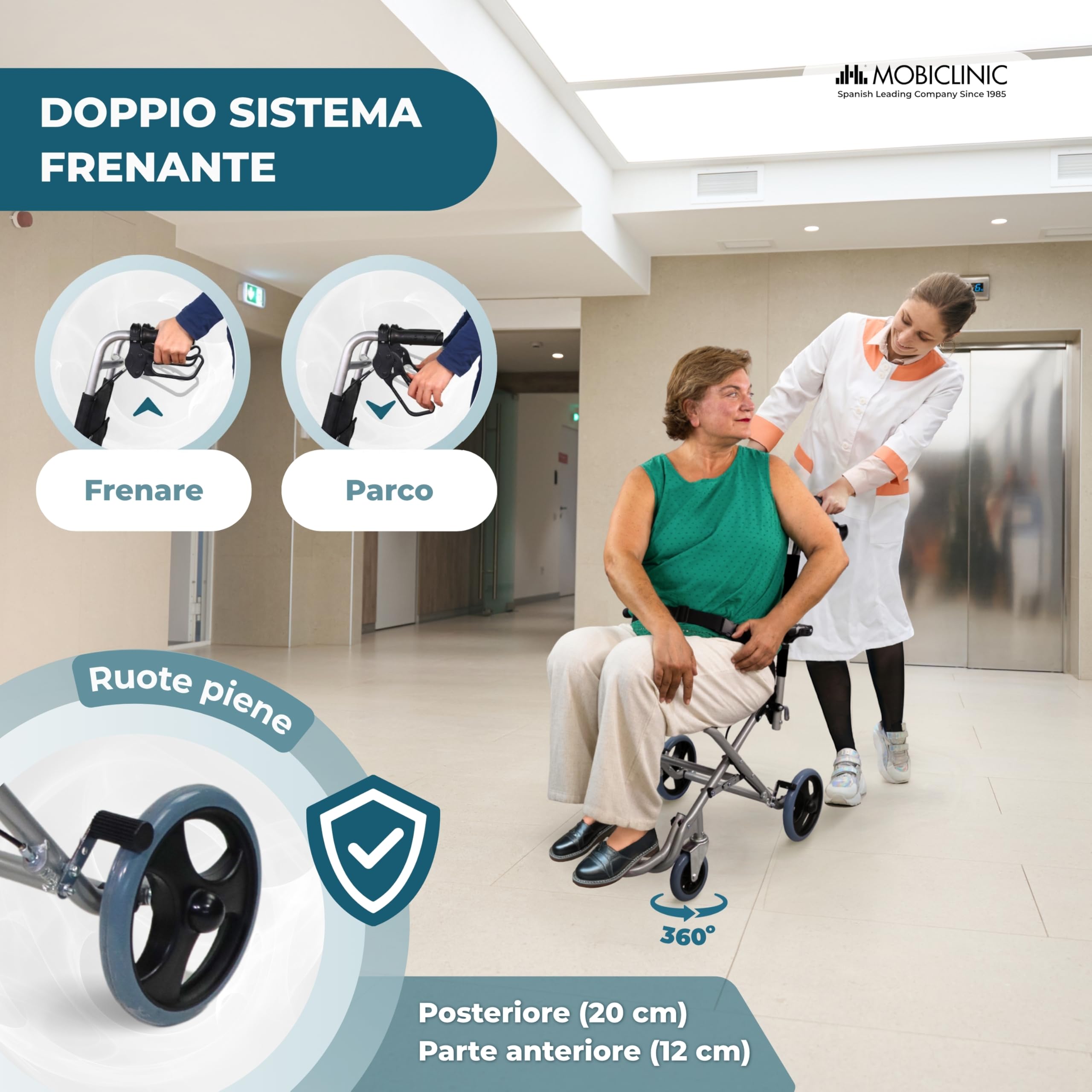 Mobiclinic, Sedia a rotelle da transito, Neptuno, Alluminio, Pieghevole, Freno sulle maniglie, Marchio europeo, Poggiapiedi pieghevoli, Braccioli, Leggero, Cintura di sicurezza, Ergonomia