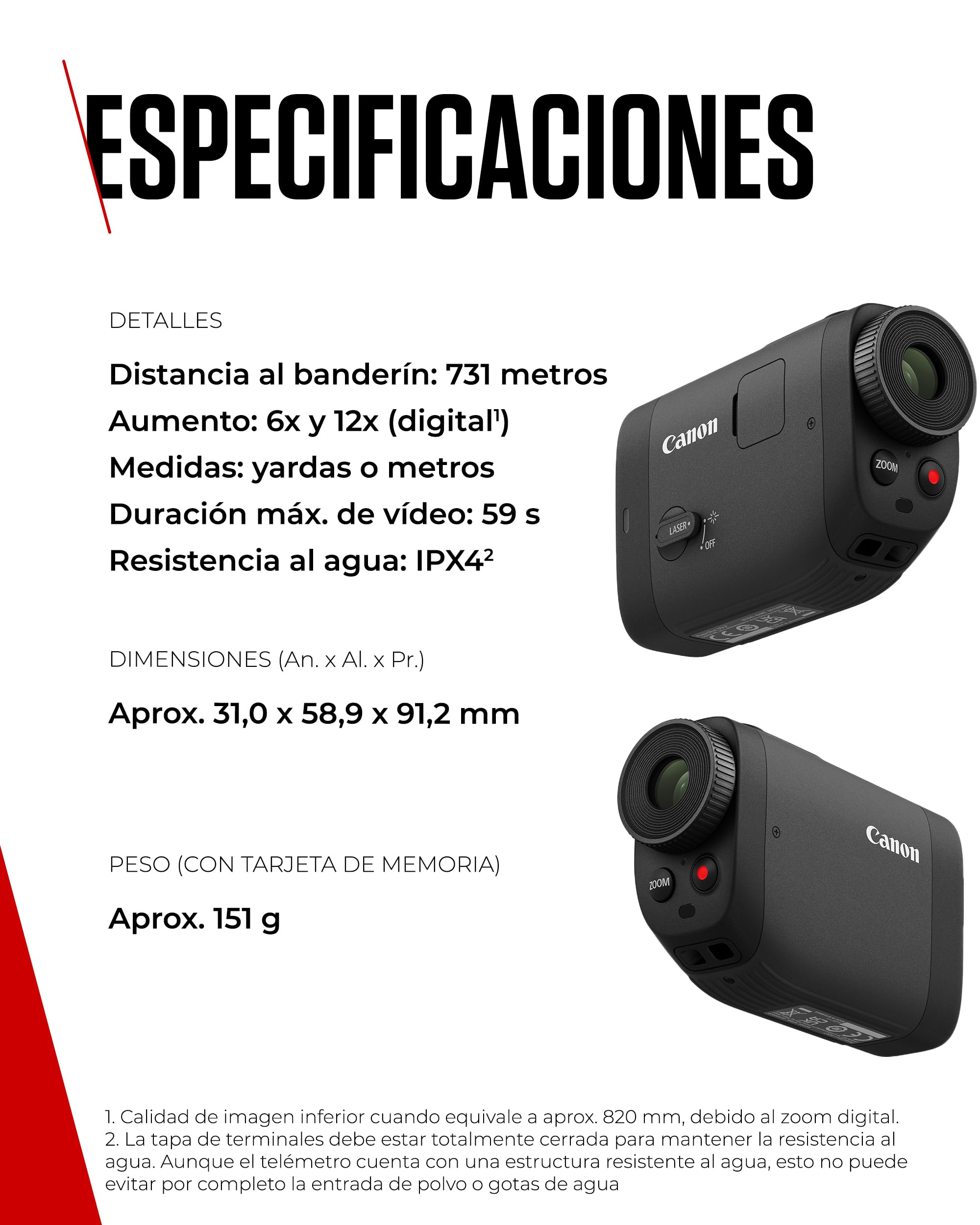 Canon PowerShot Golf, Telémetro Láser con Cámara Estabilizado, Foto 11MP y Vídeo FHD, Zoom 6X y Digital 12x, Modo Slope y Fijación de Banderín, Medición Metros y Yardas, Apto para Competición, Negro
