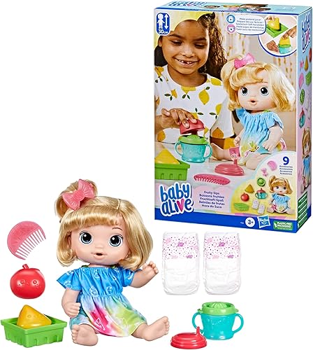 Miniatura 10 de Baby Alive Fruity Sips Muñeca, manzana, juguetes para niñas de 3 años, juego de muñecas de bebé de 12 pulgadas, bebidas y húmedas, exprimidor de