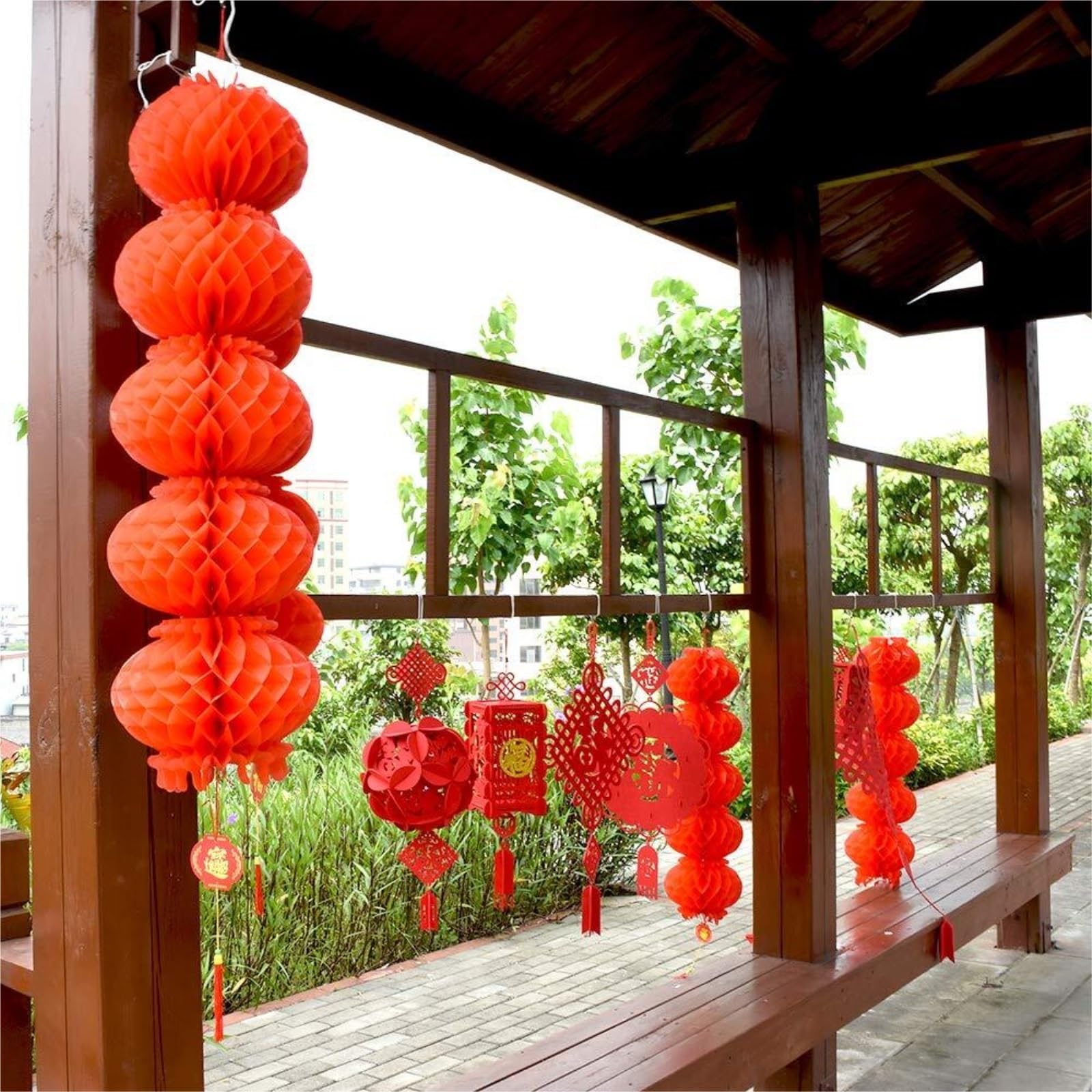 Lampions Außen Chinesische Rote Laterne Mit 5 Strängen For Weihnachtliche Terrassen- Und Gartendekoration Hängende Dekoration(4pcs)