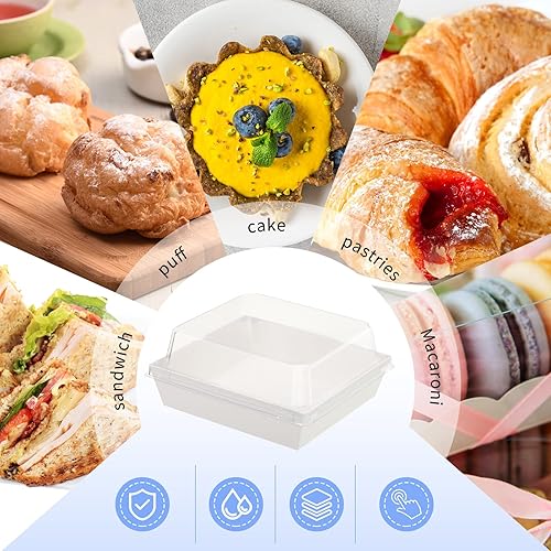 Miniatura 4 de Remerry Juego de 80 cajas de embutidos con tapas transparentes, cajas de papel blanco de 5.4 pulgadas, cuadradas, desechables, para postre para