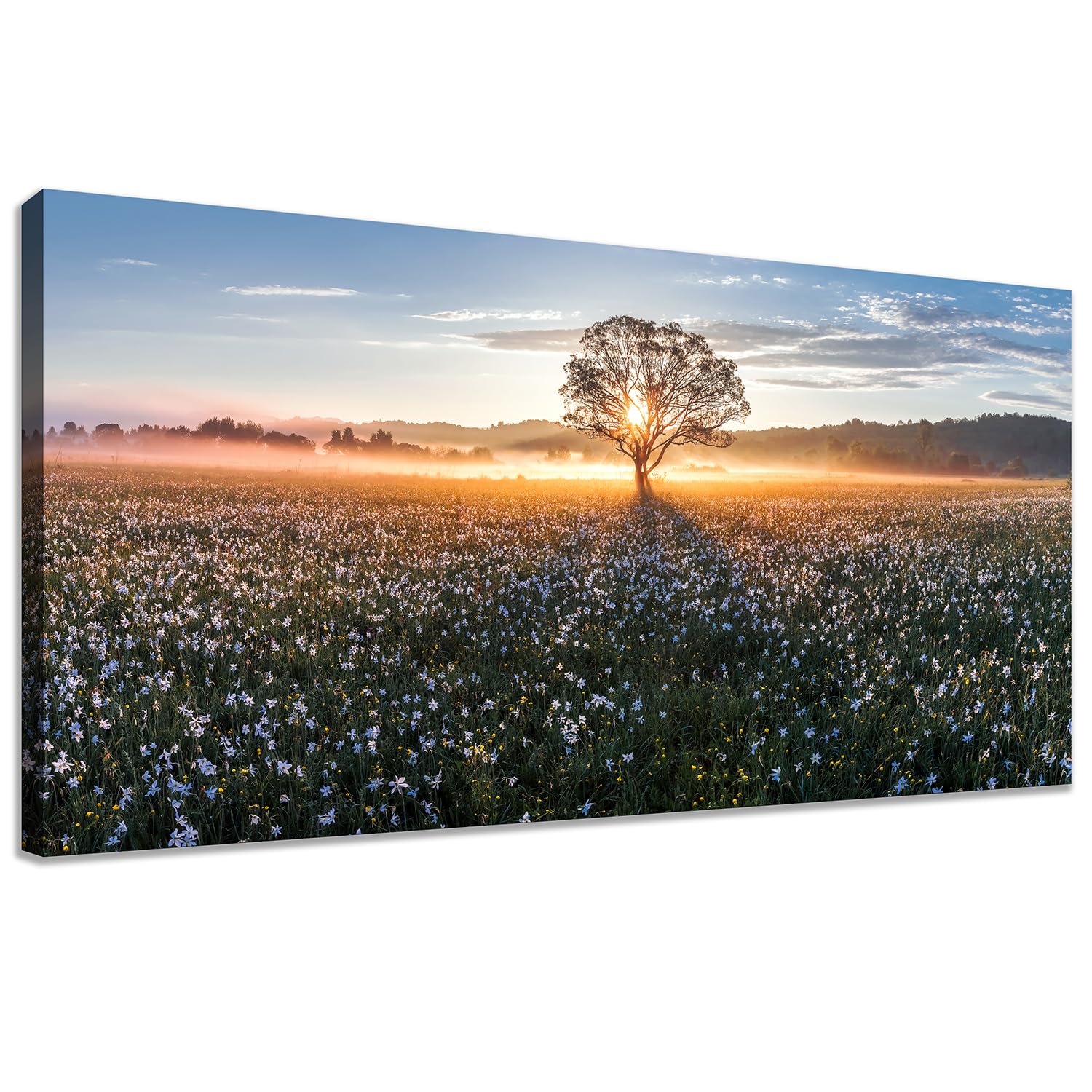 HUADAOART Wall Art Tree Small White and Yellow Wildflowers Landscape Canvas Art Print, 28x56 Inches Canvas Wall Art for Living Room Bedroom Decor Office Artwork Ready to Hang