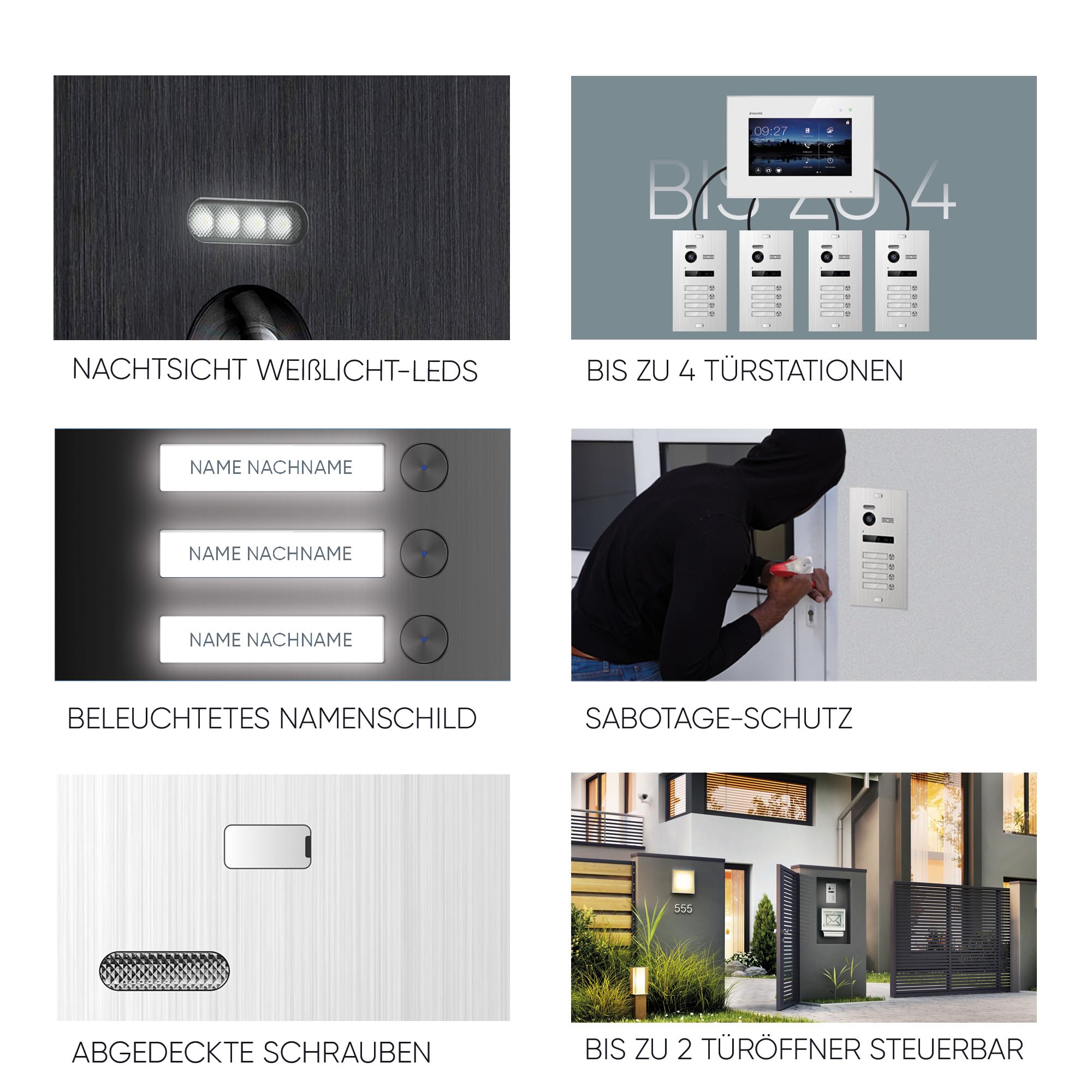 Balter EVO-HD Video Türsprechanlage mit Fingerprint, Video Türklingel, 1 Familienhaus, 1x 7 Zoll Monitore, Türklingel mit Kamera Full HD, 2 Draht Bus, 175° Weitwinkel, RFID,1080P