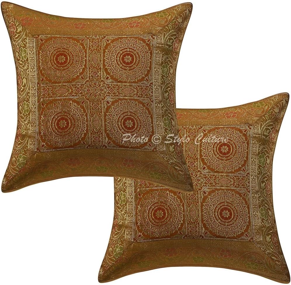 Bohemian Decorative Sofa Settee Accent Throw Pillow Covers 40x40 cm Brocade Living Room Purple Mandala Jacquard Square Luxury Zippered Indian 16x16 Inch Cushion Covers - 5 Pcs