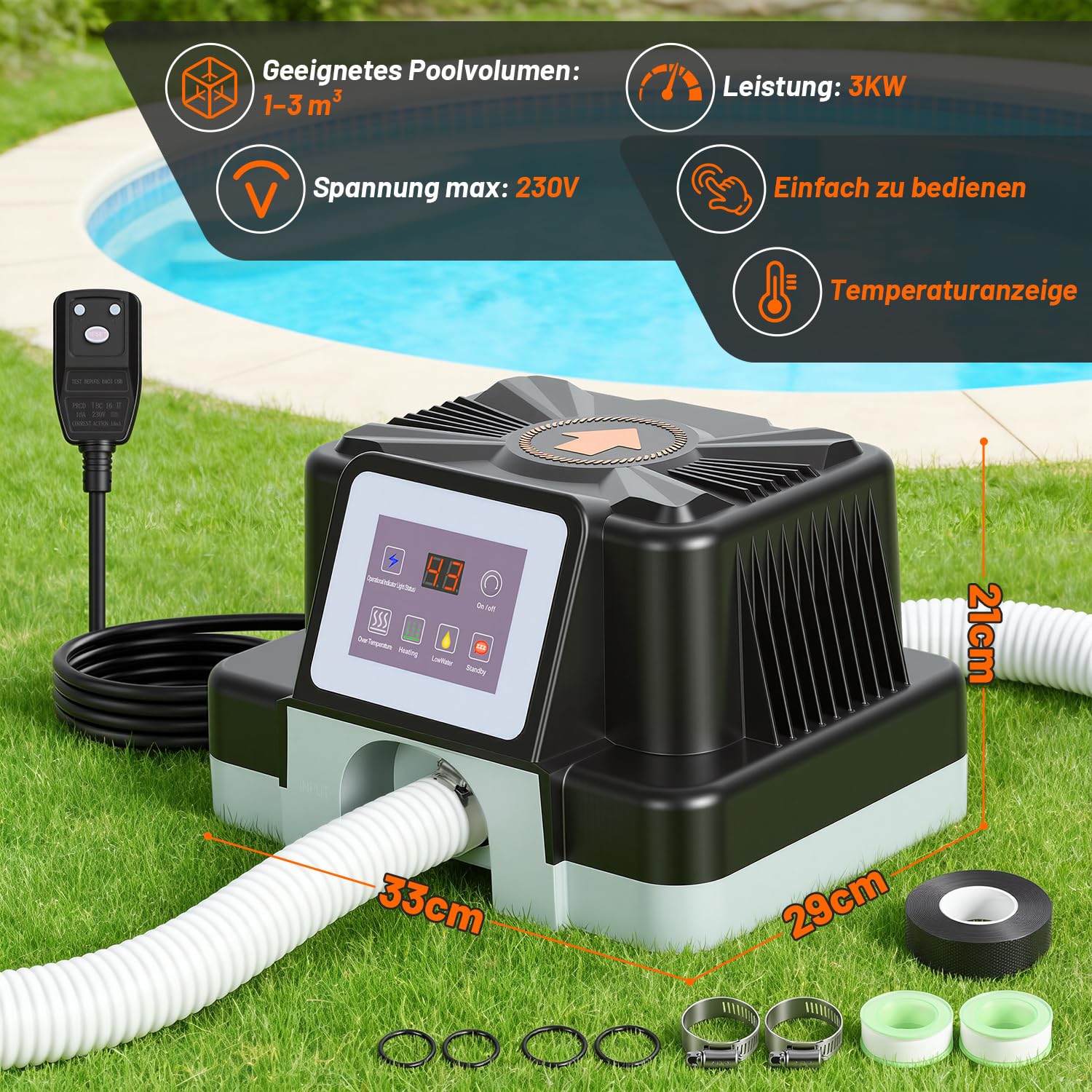 Daromigo Poolheizung Elektrisch 3000W mit Digitalanzeige, Temperaturregelung 37-45°C, Poolheizung für Aufstellpools bis 3 m³, mit FI-Schutz und Kippschutz, für 32/38 mm Schlauch