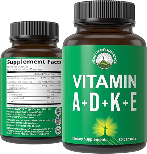 Peak Performance Vitaminas D 5,000 UI + A + K + E Todo en 1 Cápsula Vegana Fácil de Tragar. Suplemento Vitamínico ADK con E D3 K2. Vitaminas