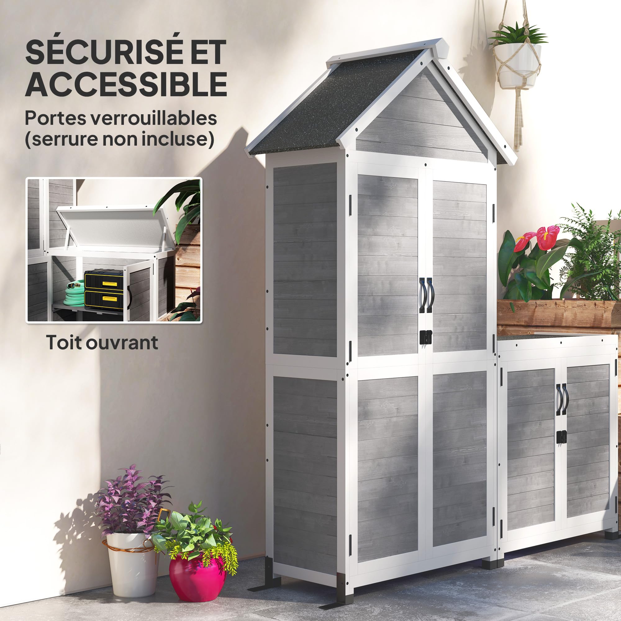 Outsunny Abri de Jardin + Armoire de Rangement en Bois, cabane de Jardin extérieur intérieur avec Toit incliné en Asphalte, étagères et Portes verrouillables, Armoire à Outils pour Balcon, Gris
