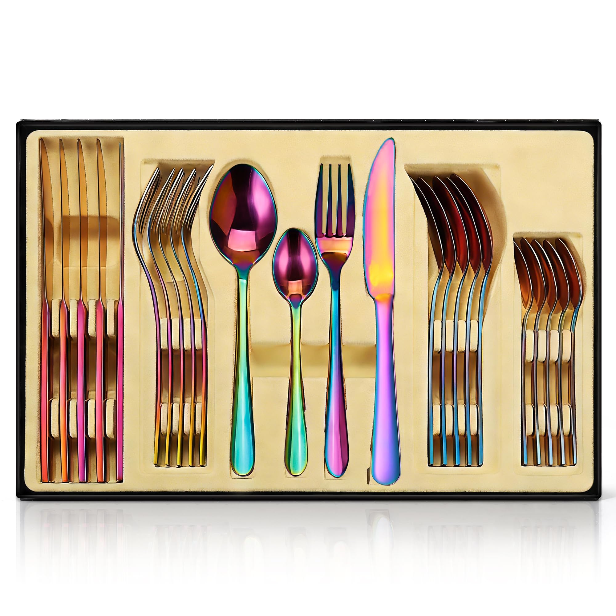 Juego de cubiertos arcoíris, 24 piezas de acero inoxidable pulido espejo, juego de utensilios de cocina para 6 personas, vajilla para el hogar y el restaurante con caja de regalo