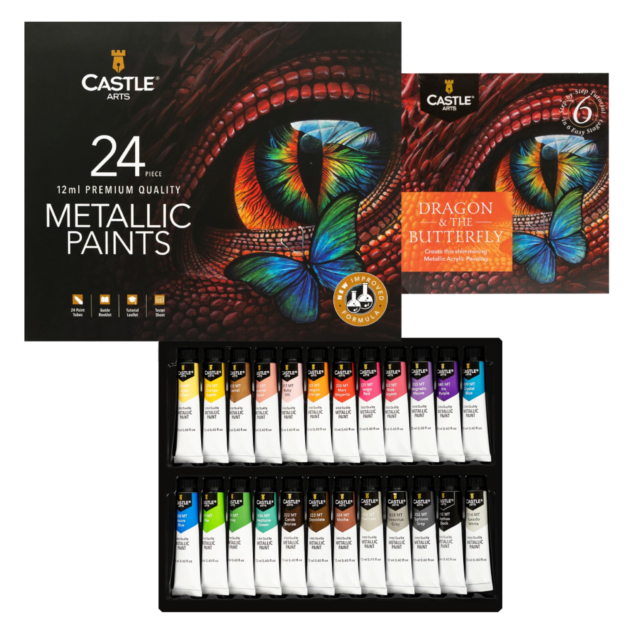Castle Art Supplies New Improved Formula Metallic Acrylic Paints Set | | 24 X 12Ml Tubes For Adult Artists, Beginners And Crafters To Add Shimmering Quality (New Improved Formula)