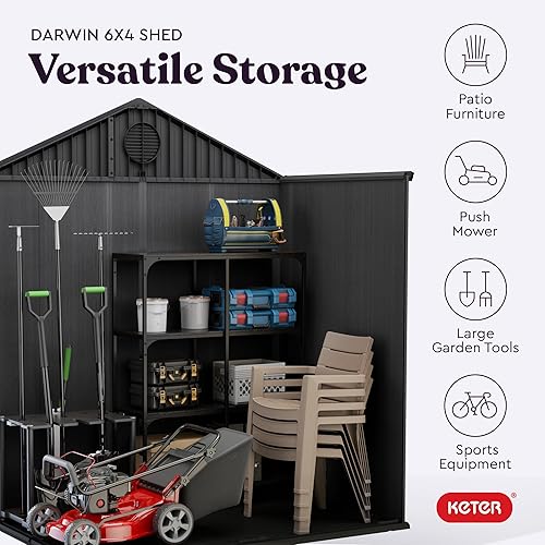 Miniatura 8 de Keter Darwin - Cobertizo de almacenamiento para exteriores de 6 x 6 pies para organizar accesorios y herramientas de jardín con puertas dobles y