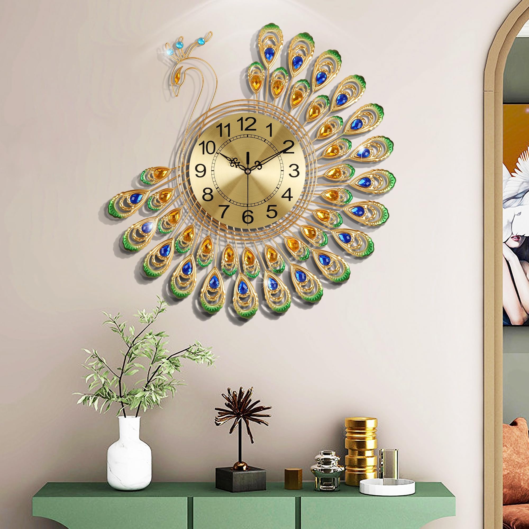 SanBouSi 36.6" Large Peacock Wall Clock Crystal Decor, 3D