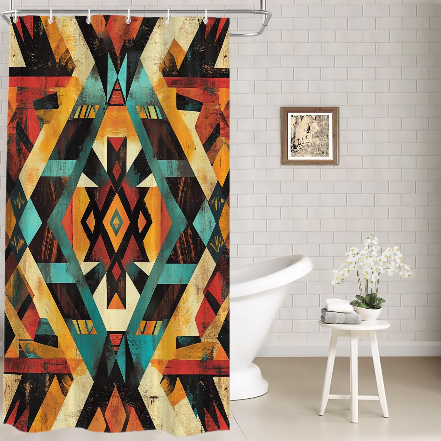 Batmerry Abstract Cultural Decor Shower Curtain, Angular Forms Ethnic Bathroom Decor Polyester Fiber Plastic Rings Quick-Drying Waterproof for Bathtubs/Bathroom, 72x36 inches