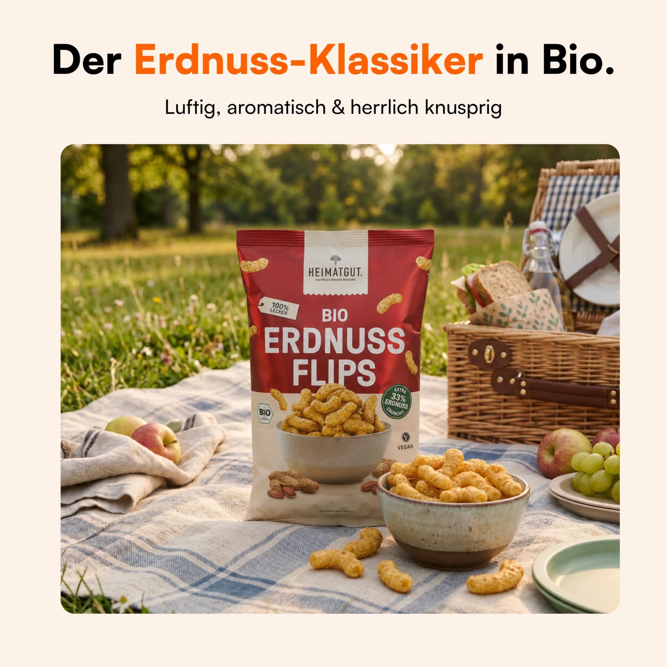 HEIMATGUT Bio Erdnussflips - Im Ofen gebacken statt frittiert - 100% Bio & Vegan - Mit 33% gerösteten Erdnüssen - Proteinquelle - Ohne künstliche Zusätze - 123 kcal pro Portion (14 x 125g)