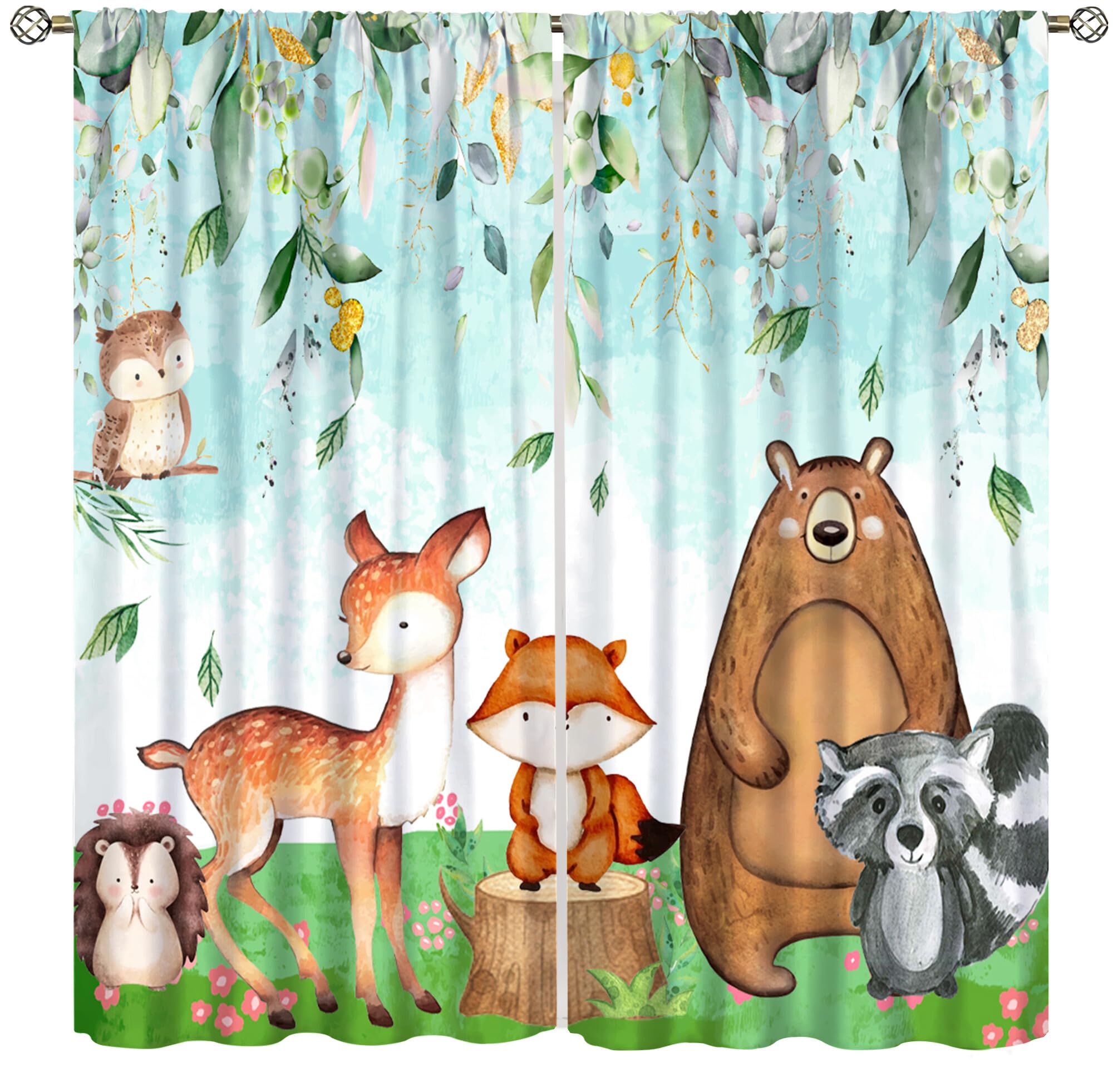 YCness Kid Forest Woodland Animal Fox Elk Bear Watercolor Print Curtains for Nursery Bedroom Living Room, Rustic Safari Wild Animal Blackout Window Drapes 2 Panel Set, 52x84 Inch
