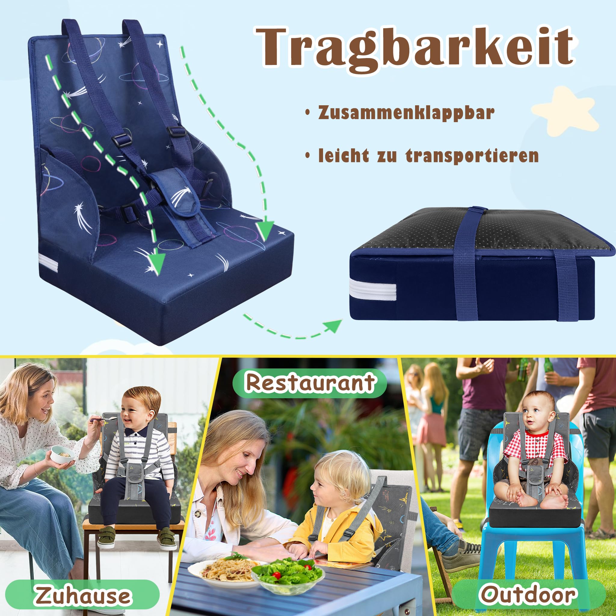 NAIZY Seggiolone rialzo per bambini, con schienale pieghevole e cintura di sicurezza a tre punti, spugne per rialzo della sedia, colore blu